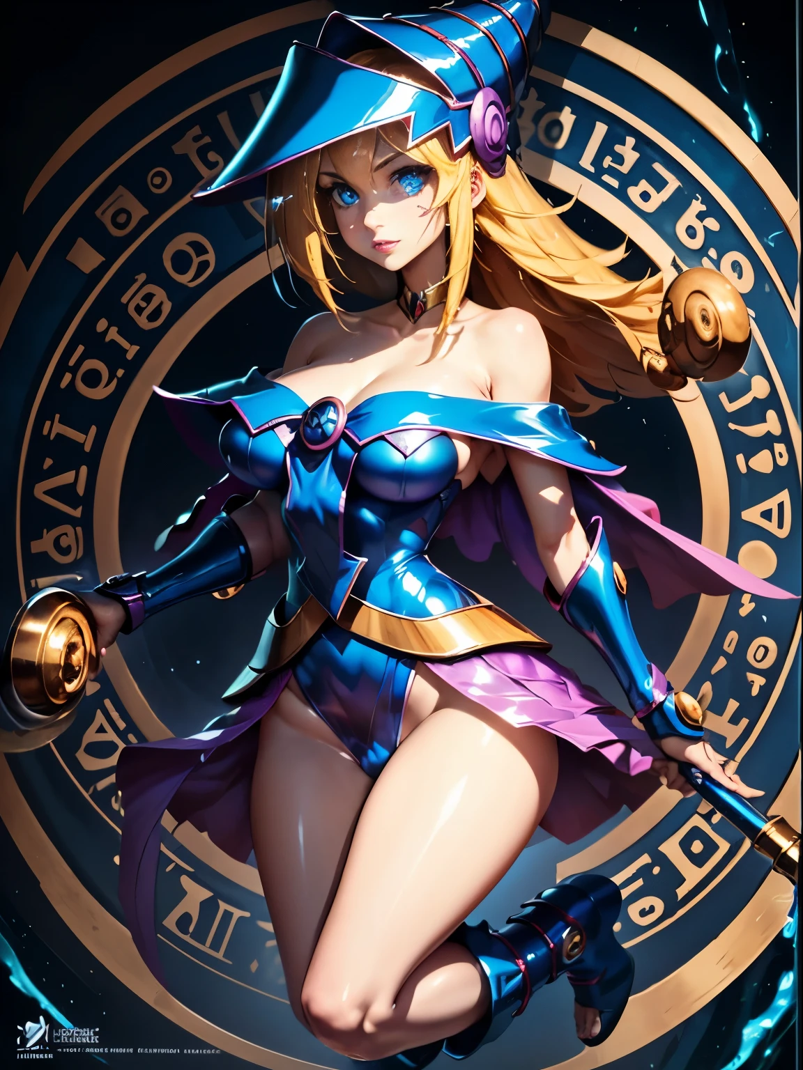 ultra-detailed, extremely detailed, masterpiece, highest quality, best quality, absurdres, highres, dark magician girl, (1girl:1.2), solo, detailed face, dynamic pose, hair flow, (full body:1.1), blonde hair, long hair, looking at viewer, green eyes, skindentation, detailed skin, skin pores, (shiny skin, glossy skin:1.1), rosy skin details, breasts, nail polish, skirt, blue footwear, blue headwear, wizard hat, wand, holding hat, (blue panties:0.9), (summoning circle:1.1), hexagram, pentacle, pentagram, yu-gi-oh!, duel monster, purple magic field, glow, detailed background, intricate background,