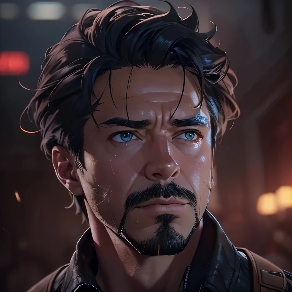 (masterpiece), 8k cg, intricate details, chromatic aberration, ((bust shot)), ((looking at viewer)), 1man (brown eyes, short black hair, goatee, Tony Stark, tight shirt), strong face, handsome face, frown, 20 year old, absurdres, cinematic lighting, dynamic lighting, fantasy, ((dark background, fog))