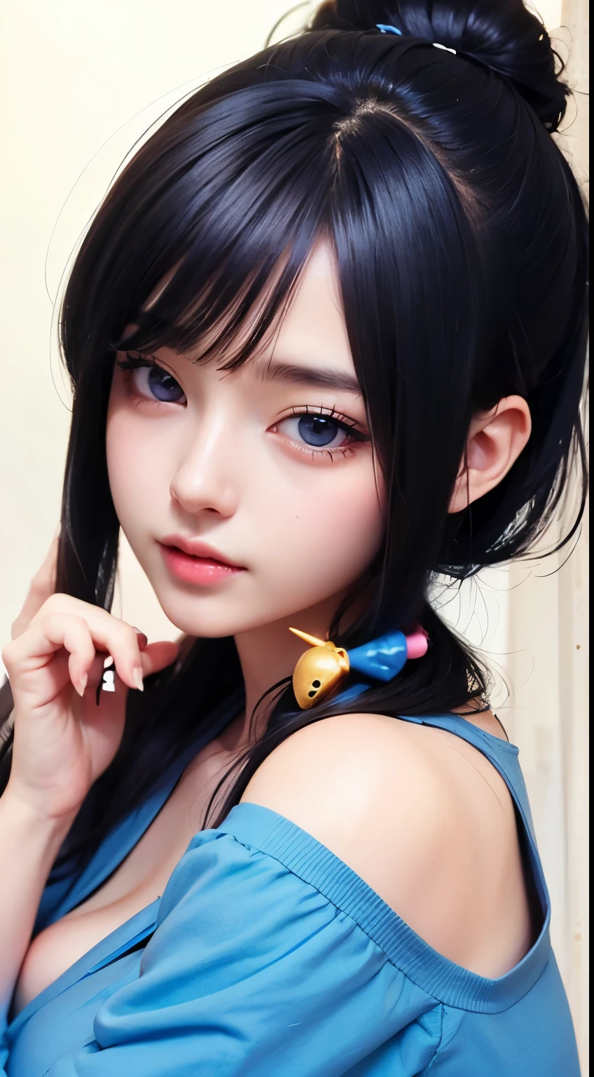 A close up of a woman with a blue dress and a fish necklace - SeaArt AI