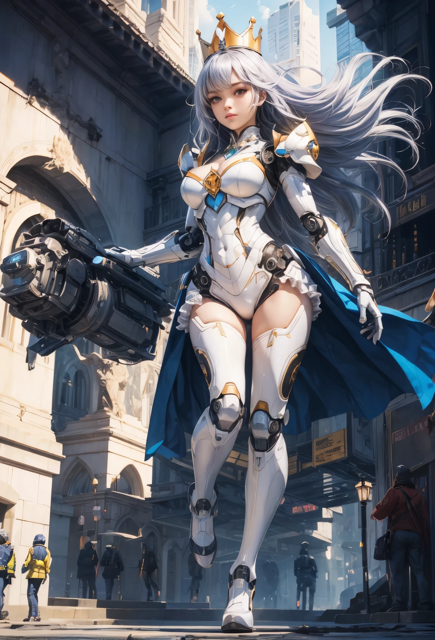 (Detailed illustrations,Very detailed and detailed drawing,Delicate lines with slow and rapid,Realistic texture expression),[Color tressed main line],[Modern city skyscrapers background],(ANIME)(A white GIANTROBOTGirl towering over the building area (SKINNY[SLENDER])),[AUTOMATON](A painstaking face like a sculpture[ROBOTFACE[Eyes like jewels that emit blue-white light]])[[Titanium internal skeleton](Delicate thin fingers) (MACHINEKNIGHT)],((Elegant exterior with many curved surfaces [smooth body surface]) (large crown [[large raised shoulder pad]](Ruffle Petticoat)))[It is called the princess lily of white porcelain],[[TITANWEAPON]] Mecha Body Metal Skin [Cable running down the body surface [gear wheel]],[Platinum coating],[Science Fiction Mechanical [Steampunk]],([beautiful and artistic decoration] [Dense detail [White lily pattern]])[Transparency],(detaileds,high-detail),[[long and beautiful eyelashes]Perfect and beautiful face],[Meticulously drawn hair [美しく艷やかな髪のdetaileds]],(完璧な手のdetaileds [Beautiful fingers without breakdowns [Beautiful nails]]),(Perfect Anatomy(Perfectly proportioned))[[Full body like]],[Ideal color coordination(Accurate simulation of light-material interactions)],([Precision Detail](detaileds,high-detail)),(Huge feeling [Total length 40 meters])[Visual art that conveys a sense of narrative].