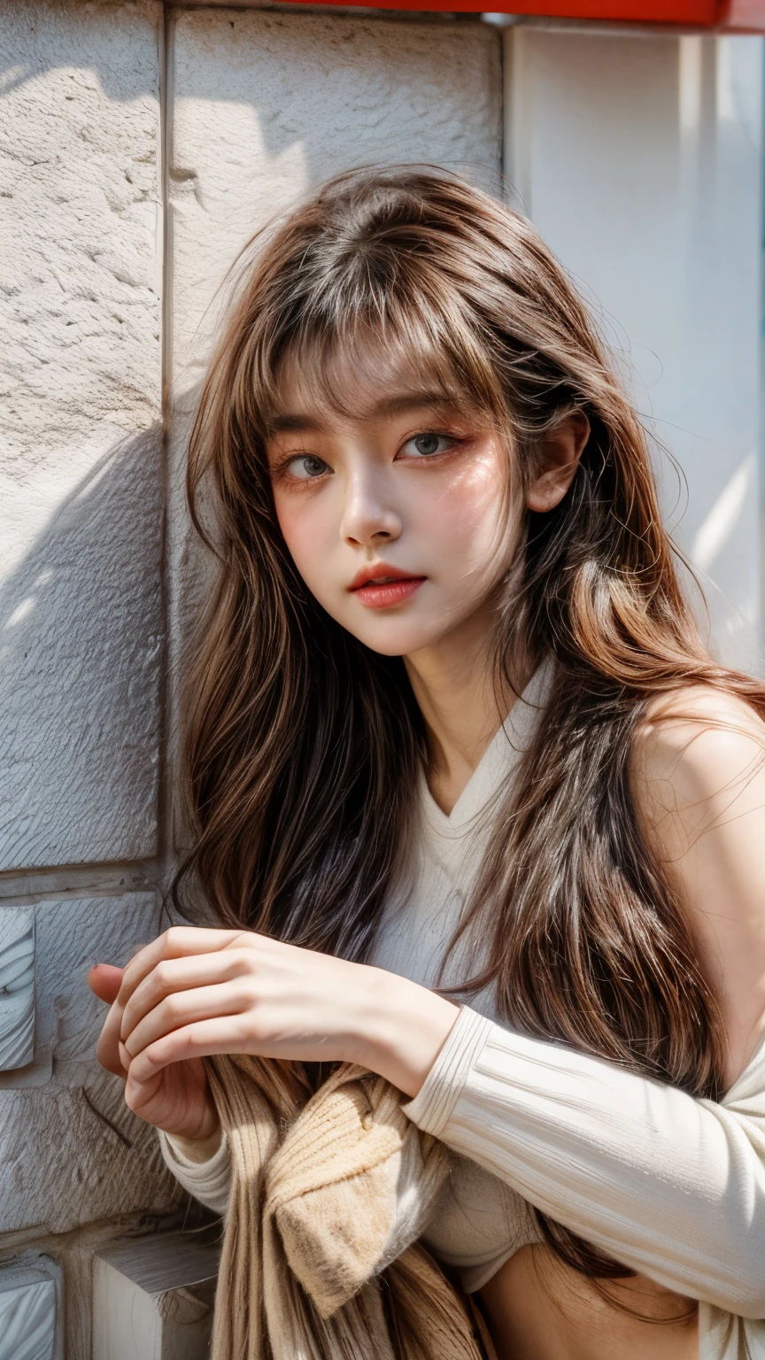 ​masterpiece、8K、32K、top-quality、(A detailed eye)、(A cute Japanese woman、bangss:1.3)、23years old、1 girl in、elegent、(White concrete wall:1.5)、Cheerful