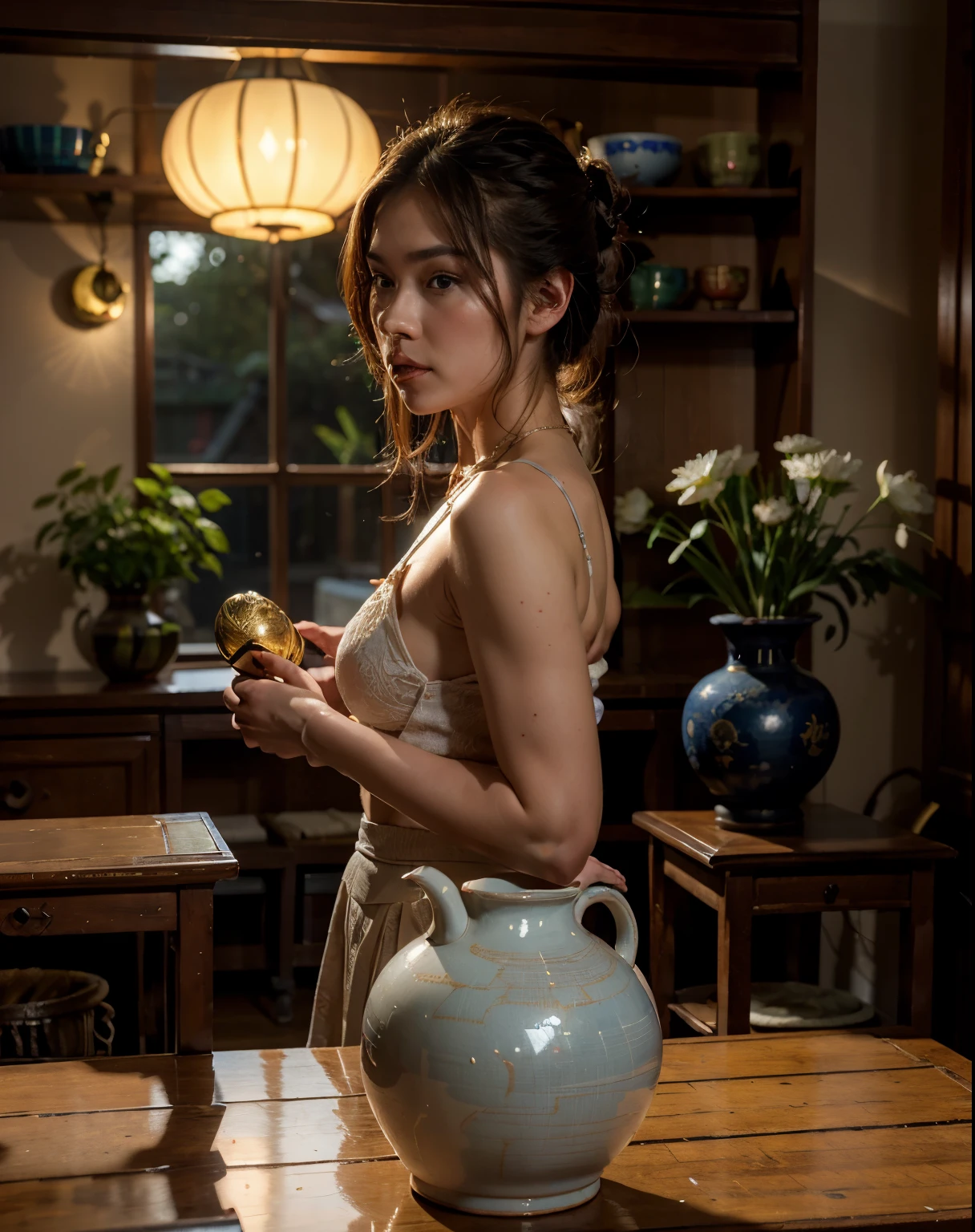 Create a photo of a naked woman sitting in a vase dripping with brown liquid