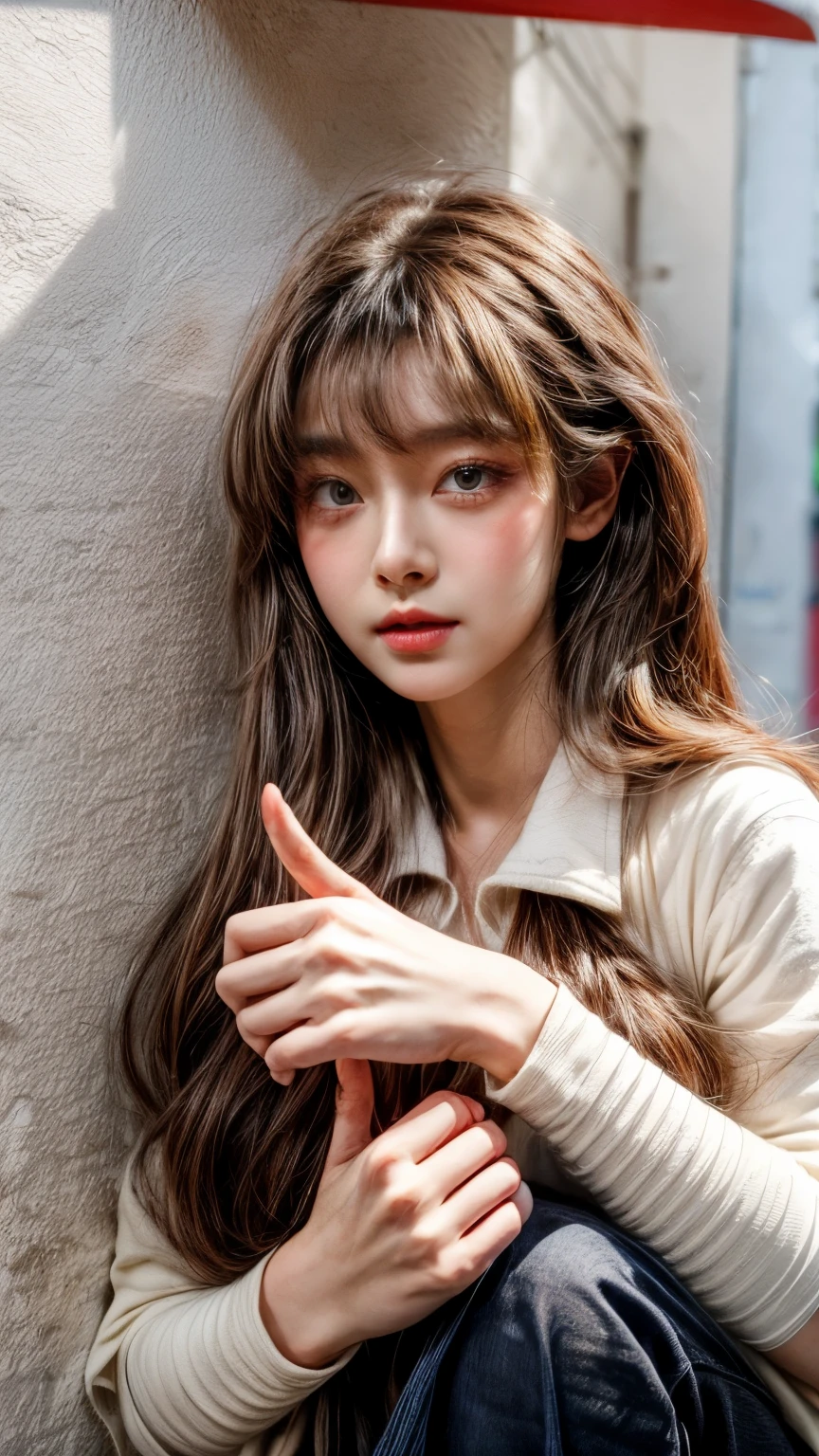 masterpiece、8K、32K、top-quality、(A detailed eye)、(A cute Japanese woman、bangss:1.3)、23years old、1 girl in、elegent、(White concrete wall:1.5)、Cheerful