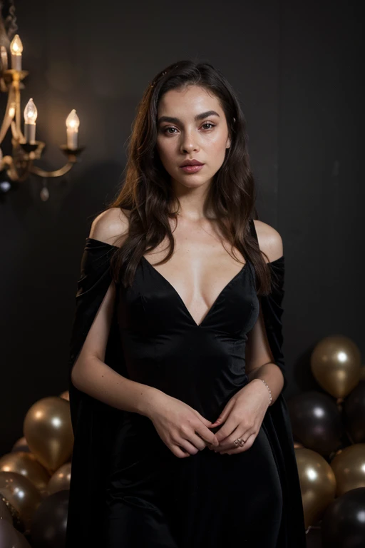 ((best quality)), ((masterpiece)), (detailed), perfect face realistic photo of beautiful woman with long dark brown hair, Russian, influencer, light freckles, dark brown eyes, big lips, no makeup, instagram, standing in front of a black wall with bunch of black and gold balloons, baroque, black pearls and golden gems, all black matte product, wearing long gown, couture style, backdrop, black tie, flat lay, big arches in the back