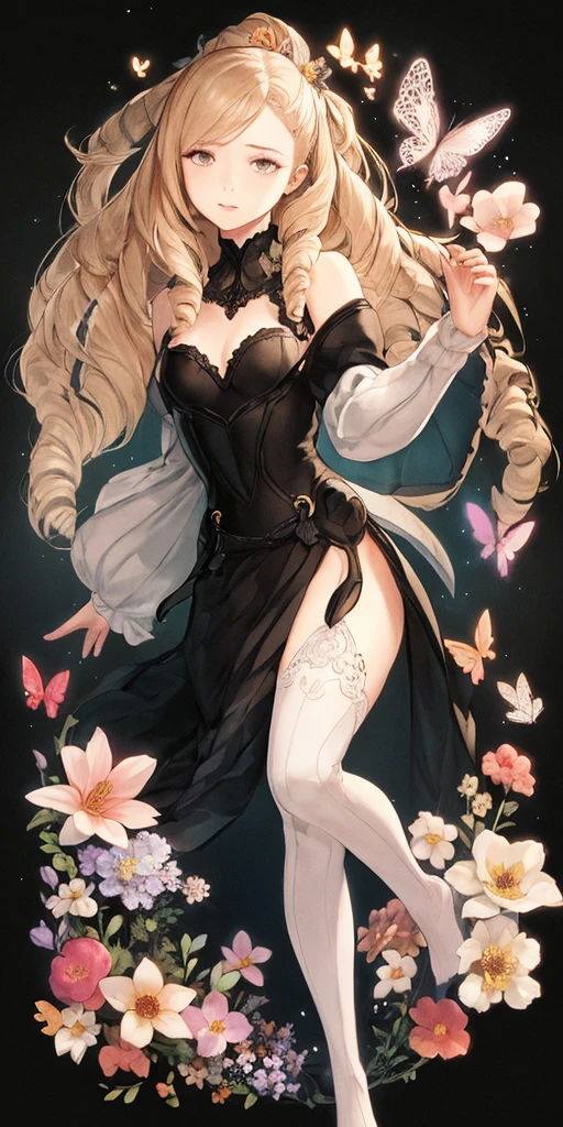crouching down、puddle、Wet、Opening leg-shaped legs、opens legs、Lace panties(8K、top-quality:1.2)、(masuter piece:1.37)、(a picture、Photorealsitic:1.37)、 full body Esbian, (Perfect body:1.1)、(art nouveau:1.25), Maximalism artstyle,neon theme,suprematism,beautiful detailed flower, beautiful detailed eyes,hyper detailed,flower,hyper quality,,eyes,flower and hair is same color,beautifuly color,face,her hair is becoming flower, flower,hair,flower,butterfly,,1girlkawaii,,high details, high quality,back light,hair and clothes is flower,upper body ,high quality,hair with body ,webbed dress, upper body, flower leg, flower hands,body with flower, flower with clothes , dress with flower, , light particles,black background, Hair with flower,small breast with flower,floating hair with flower,floating1girl,small breast, marbling with hair and clothes, looking at viewer,original,arm down, cutting, black background, flower forground, hair with flower,highres, hair with flower,hair with flower ,hair, wavy hair ,diffusion lighting, abstract,Butterfly with body, flower with hair, her hair is flower,big top sleeves, floating,pupils, [[hair over one eye]],dark