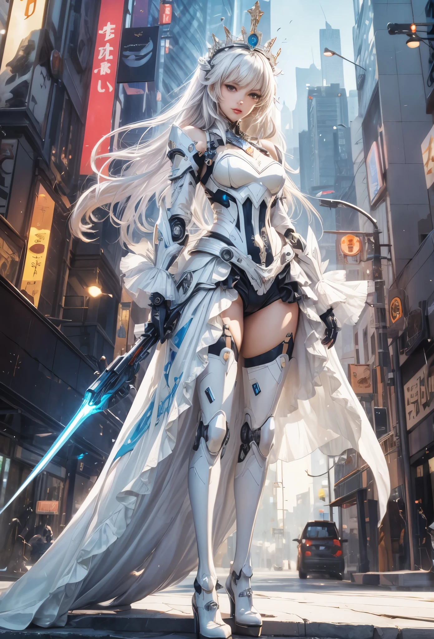 (Detailed illustrations,Very detailed and detailed drawing,Delicate lines with slow and rapid,Realistic texture expression),[Color tressed main line],[Modern city skyscrapers background],(ANIME)(A white GIANTROBOTGirl towering over the building area (SKINNY[SLENDER])),[AUTOMATON](A painstaking face like a sculpture[ROBOTFACE[Eyes like jewels that emit blue-white light]])[[Titanium internal skeleton](Delicate thin fingers) (MACHINEKNIGHT)],((Elegant exterior with many curved surfaces [smooth body surface]) (large crown [[large raised shoulder pad]](Ruffle Petticoat)))[It is called the princess lily of white porcelain],[[TITANWEAPON]] Mecha Body Metal Skin [Cable running down the body surface [gear wheel]],[Platinum coating],[Science Fiction Mechanical [Steampunk]],([beautiful and artistic decoration] [Dense detail [White lily pattern]])[Transparency],(detaileds,high-detail),[[long and beautiful eyelashes]Perfect and beautiful face],[Meticulously drawn hair [美しく艷やかな髪のdetaileds]],(完璧な手のdetaileds [Beautiful fingers without breakdowns [Beautiful nails]]),(Perfect ???????(Perfectly proportioned))[[Full body like]],[Ideal color coordination(Accurate simulation of light-material interactions)],([Precision Detail](detaileds,high-detail)),(Huge feeling [Total length 40 meters])[Visual art that conveys a sense of narrative].
