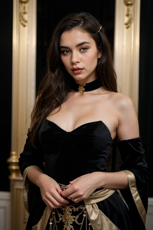 ((best quality)), ((masterpiece)), (detailed), perfect face realistic photo of beautiful woman with long dark brown hair, Russian, influencer, light freckles, dark brown eyes, big lips, no makeup, instagram, standing in front of a black wall with bunch of black and gold balloons, baroque, black pearls and golden gems, all black matte product, wearing long gown, couture style, backdrop, black tie, flat lay, big arches in the back