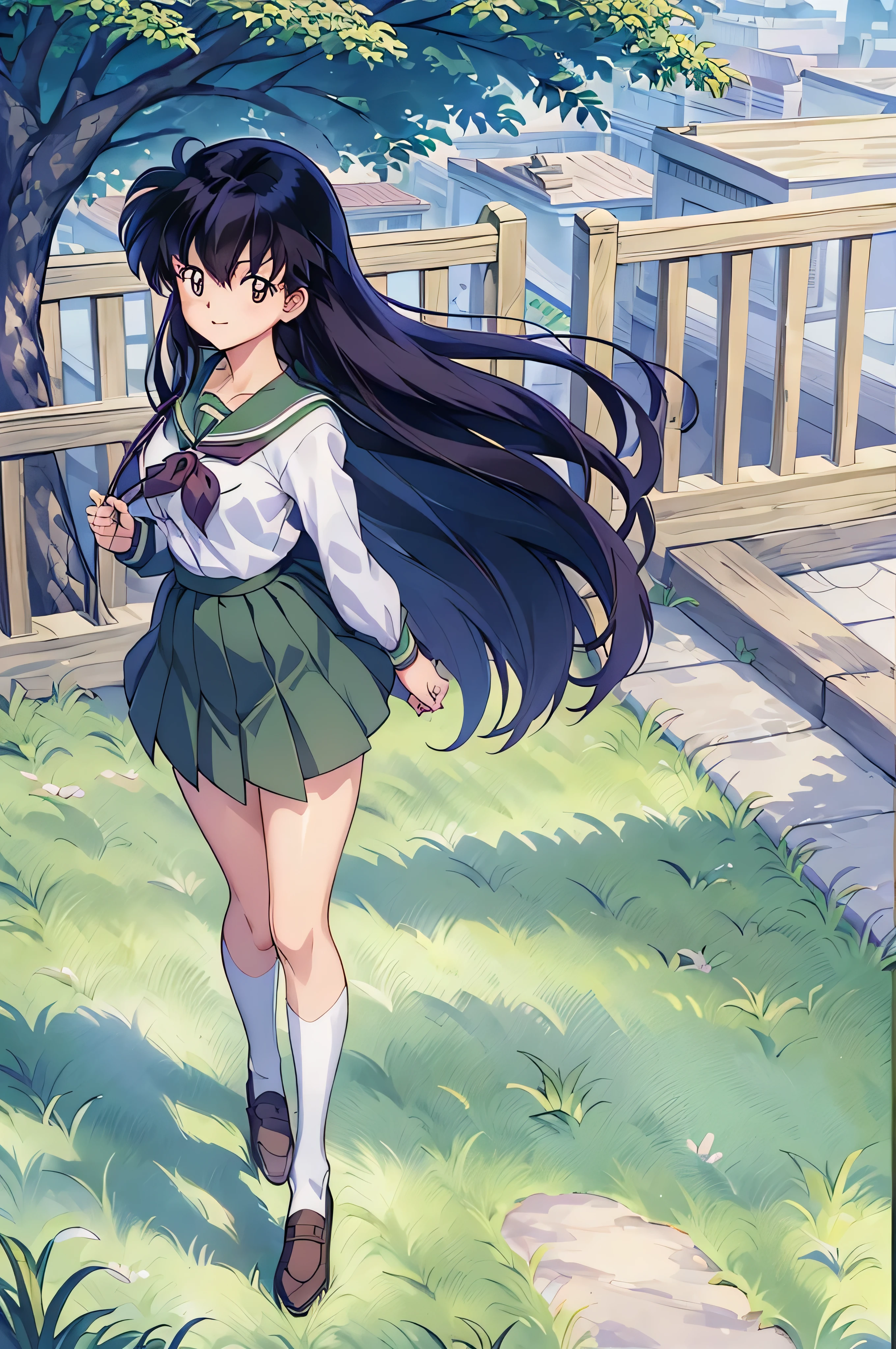 (Best Quality), 1Woman,1girl Kagome Higurashi, brown eyes, full body, photorealistic, (hyperrealistic:1.2), perfect eyes, perfect face, perfect lighting, outdoors, green colors, city, school uniform, happy, , walking,, smile, pantyhose green