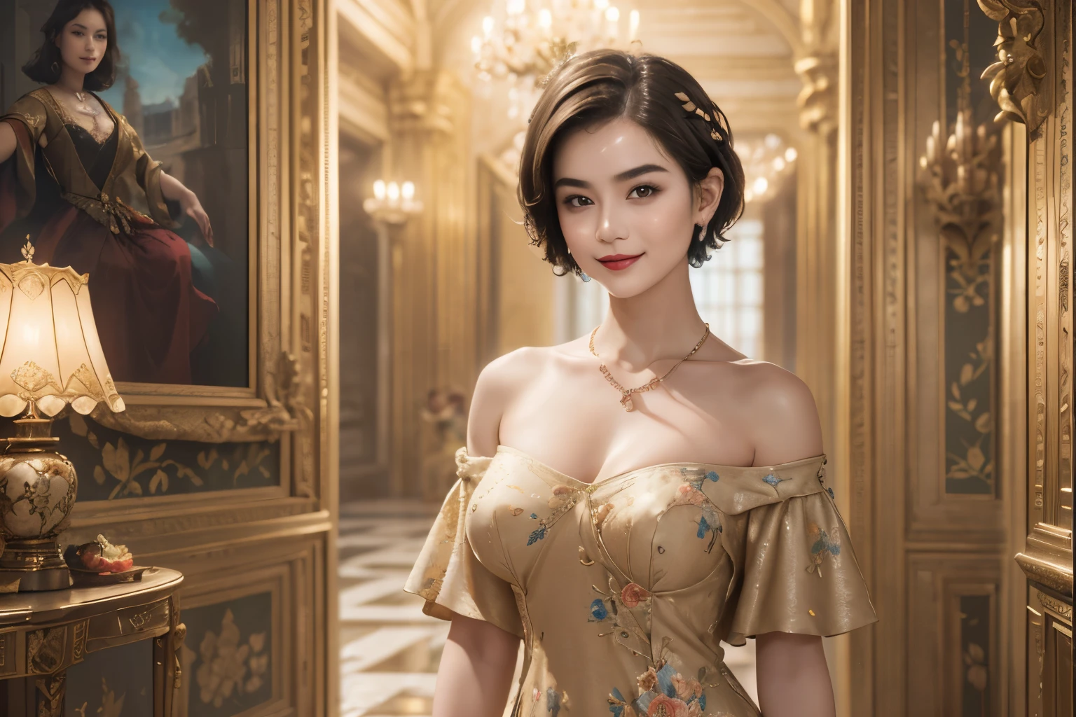 141
(a 20 yo woman,in the palace), (A hyper-realistic), (high-level image quality), ((beautiful hairstyle 46)), ((short-hair:1.46)), (kindly smile), (breasted:1.1), (lipsticks), (is wearing dress), (murky,wide,Luxurious room), (florals), (an oil painting、Rembrandt)