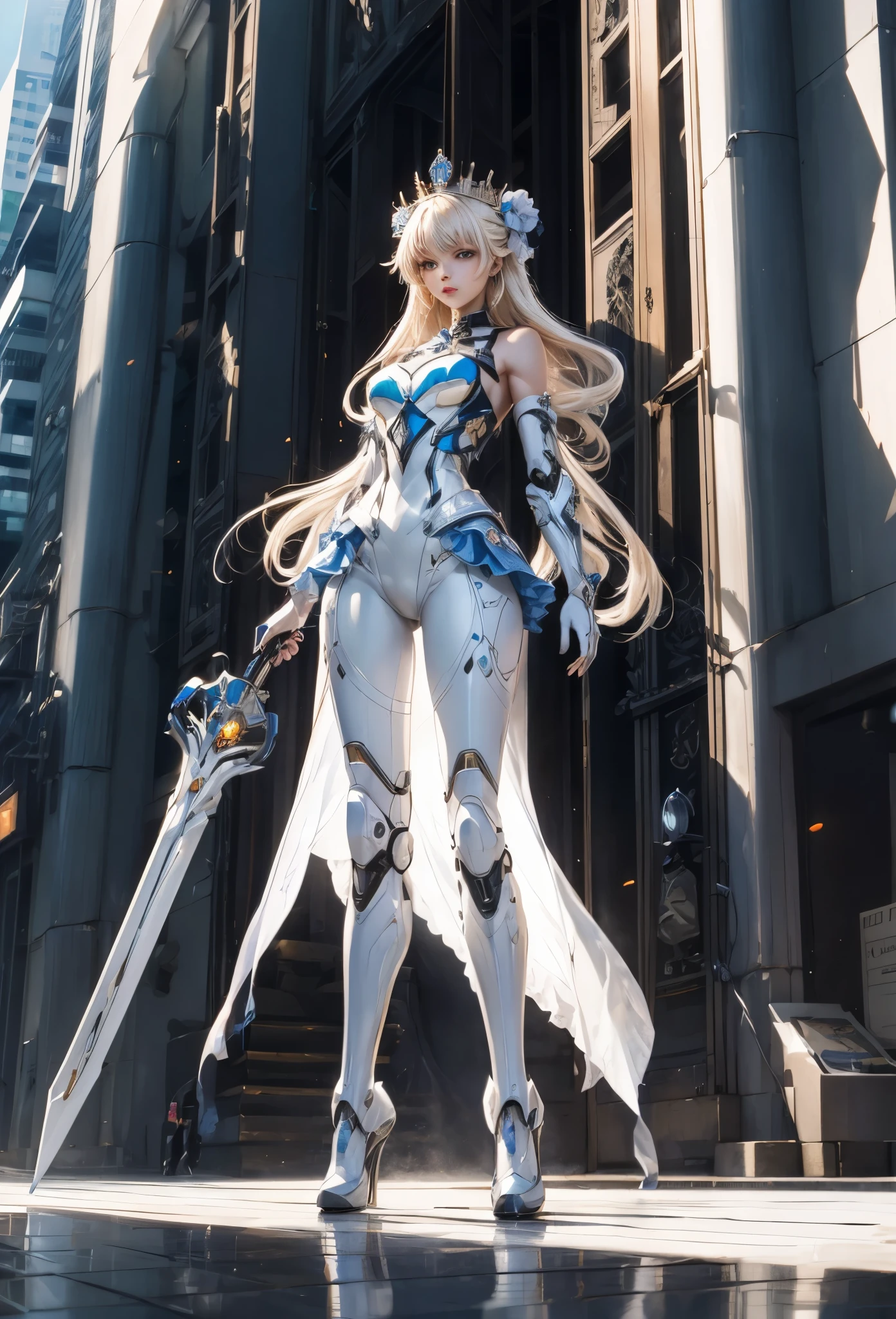 (Detailed illustrations,Very detailed and detailed drawing,Delicate lines with slow and rapid,Realistic texture expression),[Color tressed main line],[Modern city skyscrapers background],(ANIME)(A white GIANTROBOTGirl towering over the building area (SKINNY[SLENDER])),[AUTOMATON](A painstaking face like a sculpture[ROBOTFACE[Eyes like jewels that emit blue-white light]])[[Titanium internal skeleton](Delicate thin fingers) (MACHINEKNIGHT)],((Elegant exterior with many curved surfaces [smooth body surface]) (large crown [[large raised shoulder pad]](Ruffle Petticoat)))[It is called the princess lily of white porcelain],[[TITANWEAPON]] Mecha Body Metal Skin [Cable running down the body surface [gear wheel]],[Platinum coating],[Science Fiction Mechanical [Steampunk]],([beautiful and artistic decoration] [Dense detail [White lily pattern]])[Transparency],(detaileds,high-detail),[[long and beautiful eyelashes]Perfect and beautiful face],[Meticulously drawn hair [美しく艷やかな髪のdetaileds]],(完璧な手のdetaileds [Beautiful fingers without breakdowns [Beautiful nails]]),(Perfect Anatomy(Perfectly proportioned))[[Full body like]],[Ideal color coordination(Accurate simulation of light-material interactions)],([Precision Detail](detaileds,high-detail)),(Huge feeling [Total length 40 meters])[Visual art that conveys a sense of narrative].