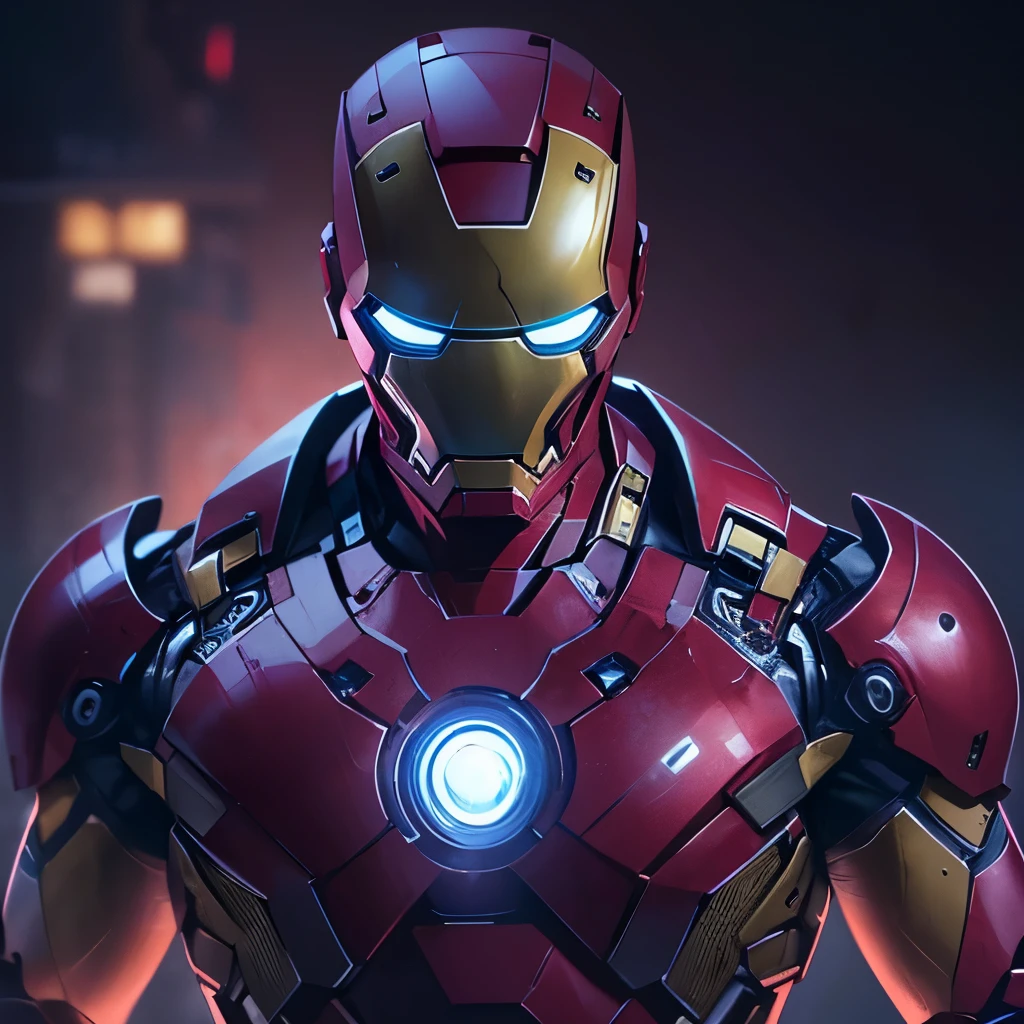 (masterpiece), 8k cg, intricate details, chromatic aberration, ((bust shot)), ((looking at viewer)), 1man (Iron Man Suit), absurdres, cinematic lighting, dynamic lighting, fantasy, ((dark background, fog))
