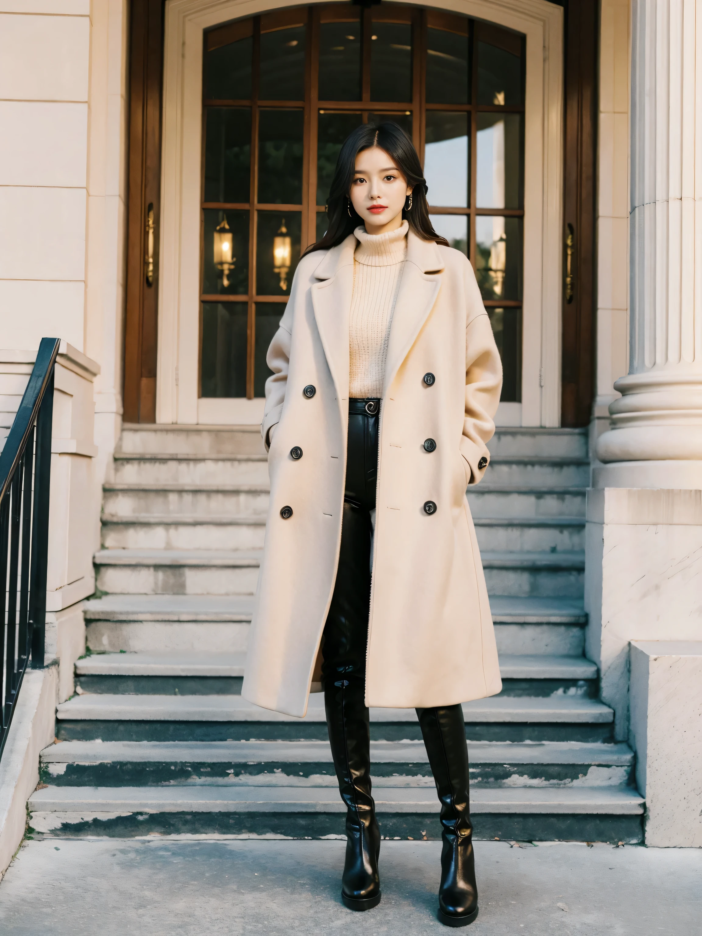 Best quality at best,tmasterpiece,超高分辨率,(actual:1.4),RAW photogr,hyper HD，8K，There is one girl，Stylish clothes,Chanel style，Stylish skinny suit, Long coat，high-class fashion，ellegance, tigh-high boots，Over-the-knee boots，Casual pose，legs long