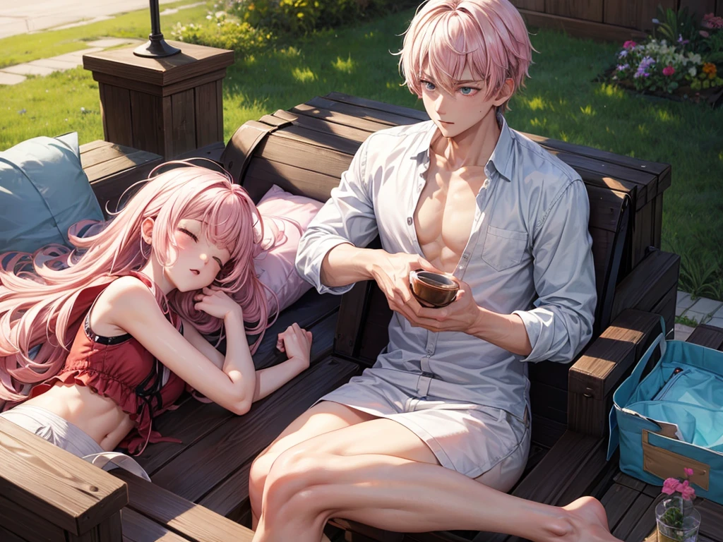 Best quality: 1.0), (Super High Resolution: 1.0), (Anime boy, short white hair, green eyes),(pink hair girl, red eyes, sleeping on boy’s chest)