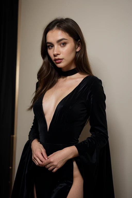 ((best quality)), ((masterpiece)), (detailed), perfect face realistic photo of beautiful woman with long dark brown hair, Russian, influencer, light freckles, dark brown eyes, big lips, no makeup, instagram, standing in front of a black wall with bunch of black and gold balloons, baroque, black pearls and golden gems, all black matte product, wearing long gown, couture style, backdrop, black tie, flat lay, big arches in the back