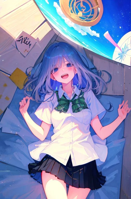Cute as a dream、a pale, (masterpiece、top-quality、top-quality、watercolor paiting(Curly)、Official art、Beautifully Aesthetic:1.2)、colourfull、Hair spreads throughout、kawaii、pastels、summer, blue sky, white clouds, HD Detail, Ultra Detail, Movie, Soft Light, Deep Focus Bokeh, Ray Tracing, --niji 5. crystal, fantasy, galaxy, transparent, shimmering, sparkling, splendid, colorful, magical photography, dramatic lighting, Heart, iridescent, cute, crystal, love, blushing, sweet expression, blue sky, iridescent clouds, pastels, dark starry sky, (1 girl), (solo), Wallpapers, poster HD, Soft Light, Deep Focus Bokeh, Ray Tracing, --niji 5 Summer, Sketch, Iris: 1.2), simple, sfw, a cute face, laughing, aayotsuba, Nakano Yotsuba from The Quintessential Quintuplets, masterpiece, 4k, ultradetailed, cowboy shot, nakano yotsuba, shoulder length staight hair, sparkling eyes, hair bow ribbon, green bowtie, sleeveless sweater, collared white shirt, pleated skirt, school uniform, laughing happily, neat lineart, cute, tender, lovely, cozy, sweet