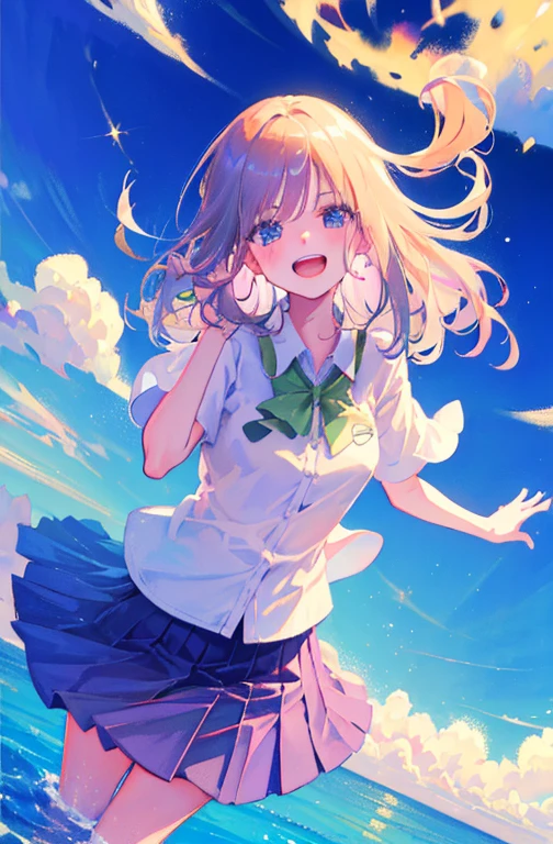 Cute as a dream、a pale, (masterpiece、top-quality、top-quality、watercolor paiting(Curly)、Official art、Beautifully Aesthetic:1.2)、colourfull、Hair spreads throughout、kawaii、pastels、summer, blue sky, white clouds, HD Detail, Ultra Detail, Movie, Soft Light, Deep Focus Bokeh, Ray Tracing, --niji 5. crystal, fantasy, galaxy, transparent, shimmering, sparkling, splendid, colorful, magical photography, dramatic lighting, Heart, iridescent, cute, crystal, love, blushing, sweet expression, blue sky, iridescent clouds, pastels, dark starry sky, (1 girl), (solo), Wallpapers, poster HD, Soft Light, Deep Focus Bokeh, Ray Tracing, --niji 5 Summer, Sketch, Iris: 1.2), simple, sfw, a cute face, laughing, aayotsuba, Nakano Yotsuba from The Quintessential Quintuplets, masterpiece, 4k, ultradetailed, cowboy shot, nakano yotsuba, shoulder length staight hair, sparkling eyes, hair bow ribbon, green bowtie, sleeveless sweater, collared white shirt, pleated skirt, school uniform, laughing happily, neat lineart, cute, tender, lovely, cozy, sweet