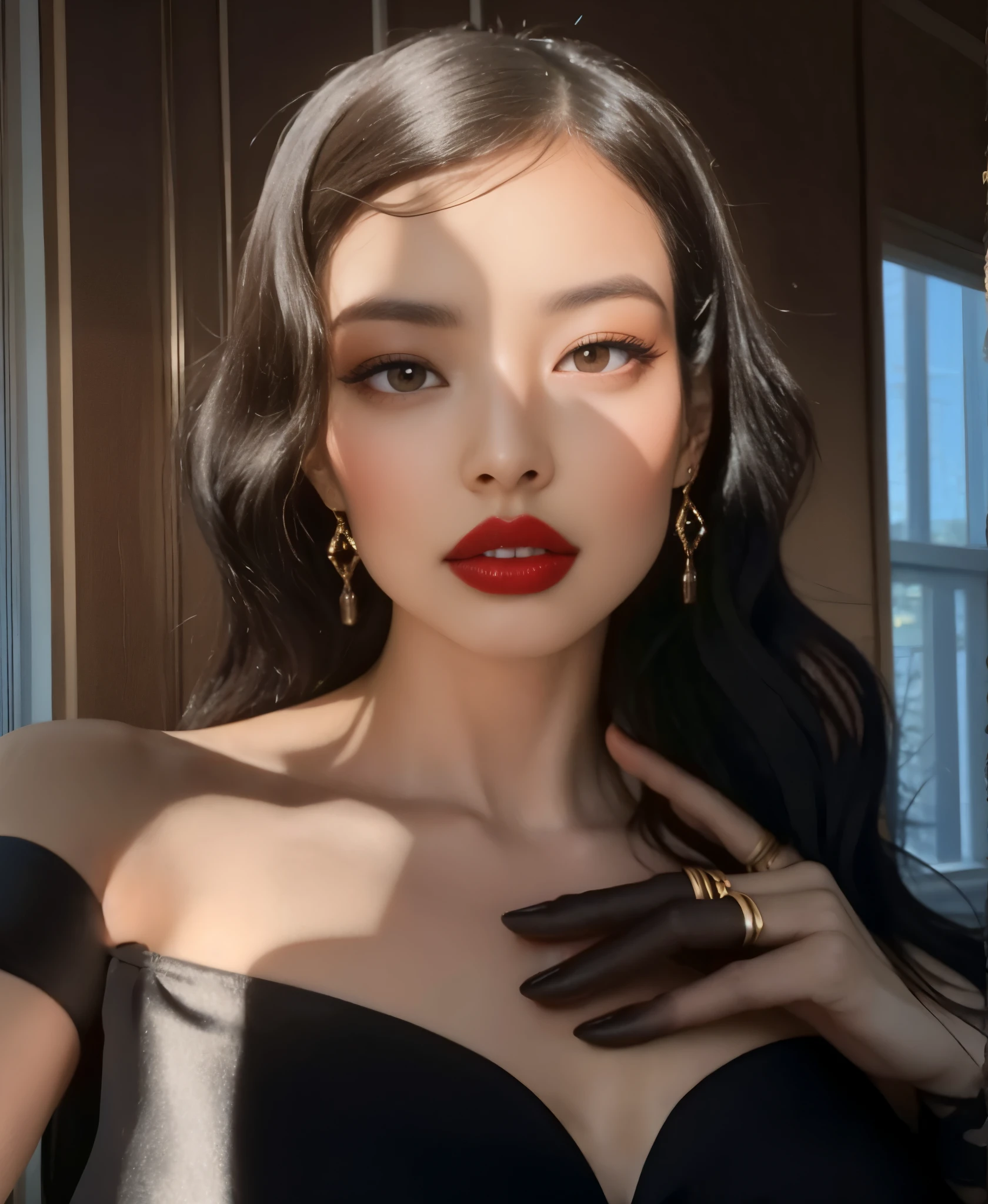 There is a woman with long black hair and red lipstick, olhar , rosto como ester exposito, inspirado em Hedi Xandt, rosto sexy com maquiagem completa, Jisoo Blackpink, wide golden eyes and red lips, maquiagem vintage, Directed by: Eva Frankal., 1920s vibes, Retrato Sophie Mudd, with black glossy lips, cabelo preto liso, Asian girl, cabelo vintage