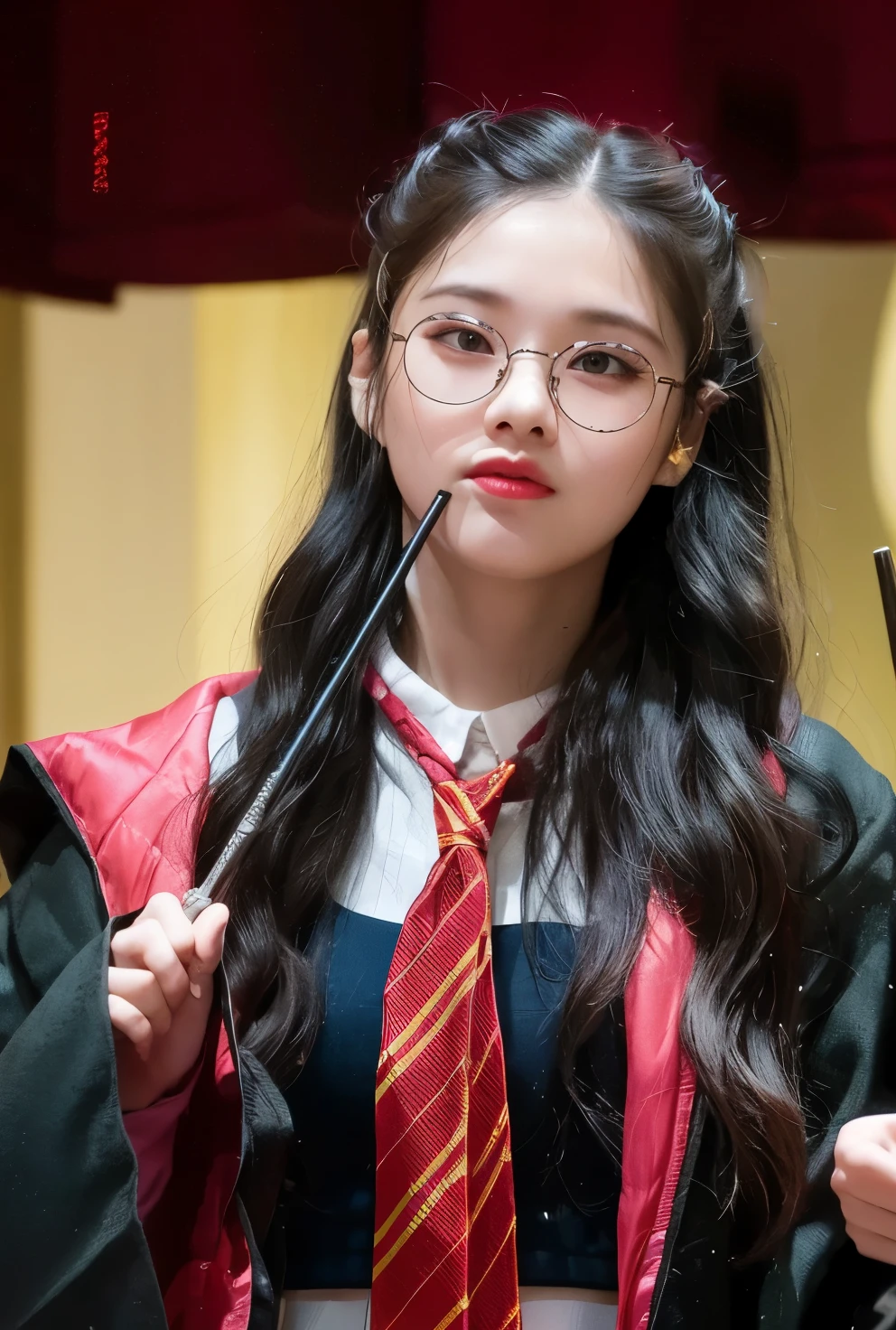 there is a young girl wearing a harry potter costume holding a wand, she wears harry potter glasses, jaeyeon nam, holding wands, holding a wand, iu, holding wand, yanjun chengt, li zixin, iu lee ji-eun as a super villain, tzuyu from twice, blackpink jennie, lee ji-eun, lee ji - eun