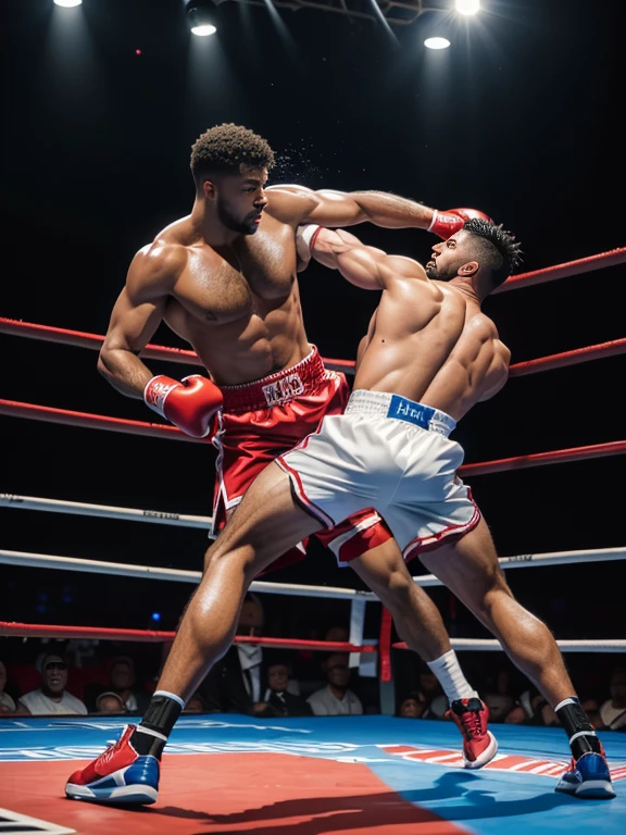 8K，(8K分辨率)，Boxing ring match scene，Two muscular black men, (One person wearing red shorts、Red boxing gloves、redfootwear)，(One person wearing blue shortlue boxing glovelue shoes,，Everyone on the red side is fully dressed，Fierce fighting，Red punches Blue on the head，Blue&#39;s punch is painful，The two of them are very domineering，cool guy，sexy for, Bright and attractive eyes，malancholic look，Dark skin, Smooth and shiny，chest muscle，chest hair body hair，Big breastarechested，茂密的chest hair body hair， White color full body photo，Large bumps visible，Good quality，profesional lighting，professional photoshooting，real photograph，realistic model，photorealistic  art