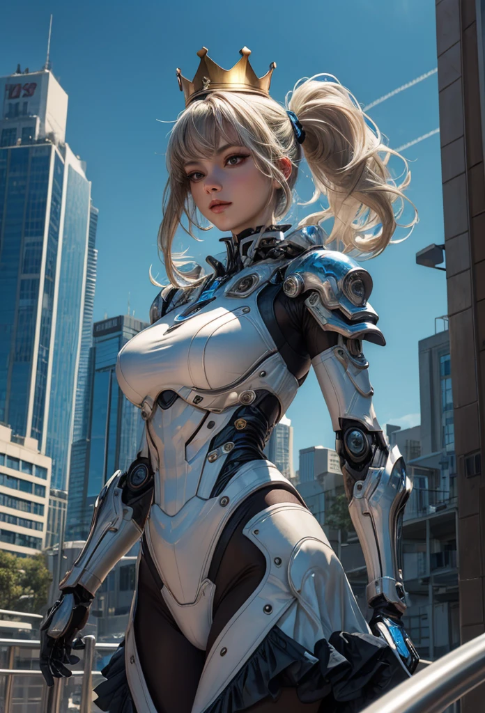 (Detailed illustrations,Very detailed and detailed drawing,Delicate lines with slow and rapid,Realistic texture expression),[Color tressed main line],[Modern city skyscrapers background],(ANIME)(A white GIANTROBOTGirl towering over the building area (SKINNY[SLENDER])),[AUTOMATON](A painstaking face like a sculpture[ROBOTFACE[Eyes like jewels that emit blue-white light]])[[Titanium internal skeleton](Delicate thin fingers) (MACHINEKNIGHT)],((Elegant exterior with many curved surfaces [smooth body surface]) (large crown [[large raised shoulder pad]](Ruffle Petticoat)))[It is called the princess lily of white porcelain],[[TITANWEAPON]] Mecha Body Metal Skin [Cable running down the body surface [gear wheel]],[Platinum coating],[Science Fiction Mechanical [Steampunk]],([beautiful and artistic decoration] [Dense detail [White lily pattern]])[Transparency],(detaileds,high-detail),[[long and beautiful eyelashes]Perfect and beautiful face],[Meticulously drawn hair [美しく艷やかな髪のdetaileds]],(完璧な手のdetaileds [Beautiful fingers without breakdowns [Beautiful nails]]),(Perfect Anatomy(Perfectly proportioned))[[Full body like]],[Ideal color coordination(Accurate simulation of light-material interactions)],([Precision Detail](detaileds,high-detail)),(Huge feeling [Total length 40 meters])[Visual art that conveys a sense of narrative].