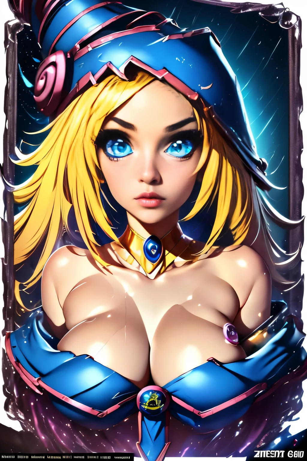 mejor calidad, obra maestra, cabello rubio, ojos azules, mirando hacia arriba, parte superior del cuerpo. Dark magician gils. Rostro de Diosa.