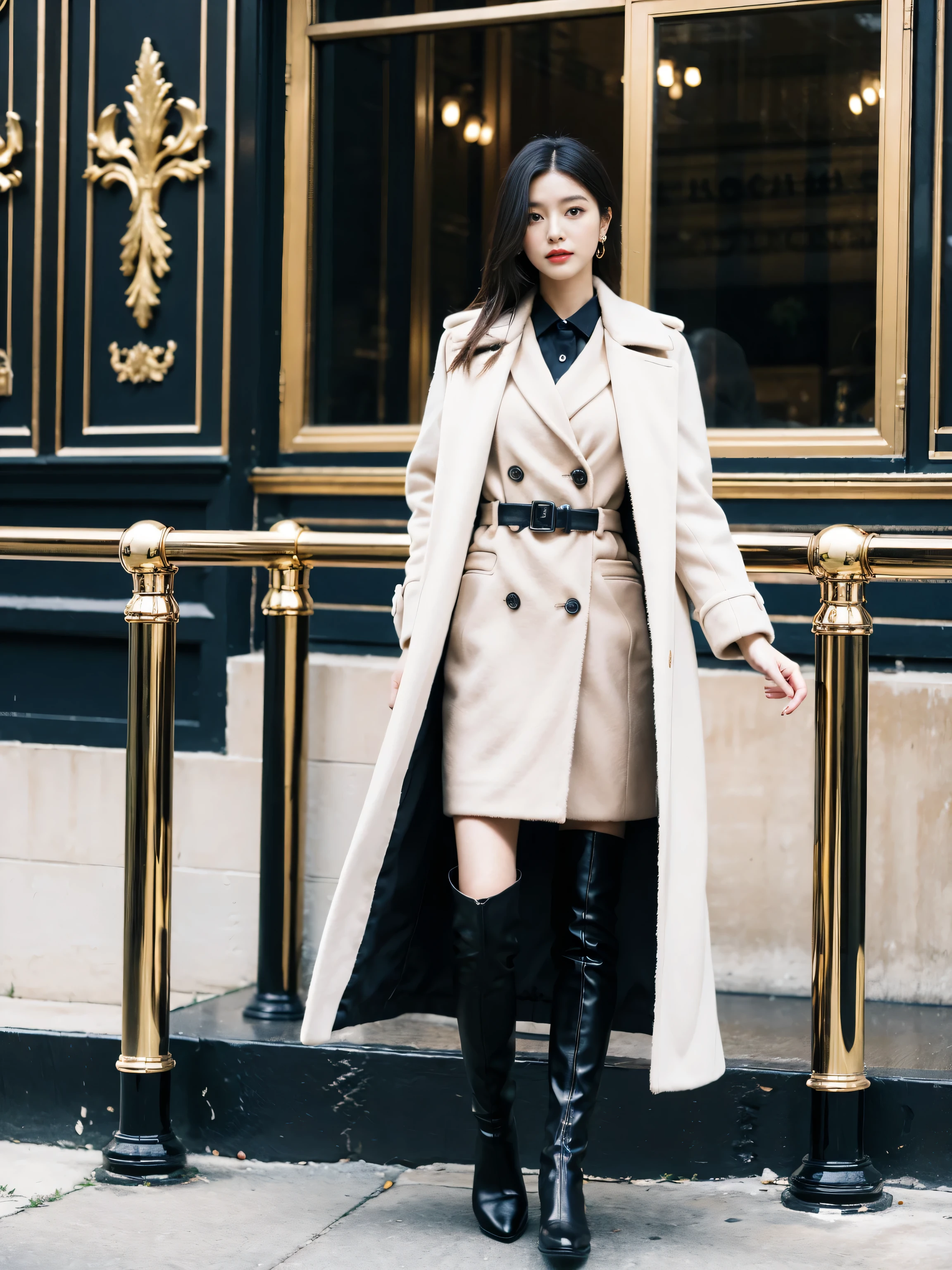 Best quality at best,tmasterpiece,超高分辨率,(actual:1.4),RAW photogr,hyper HD,8K,There is one girl,Stylish clothes,Chanel style,Stylish skinny suit, Long coat,high-class fashion,ellegance, tigh-high boots,Over-the-knee boots,Casual pose,legs long