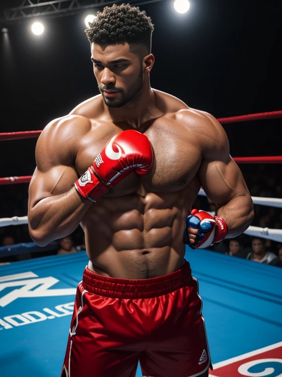 8K,(8K分辨率),Boxing ring match scene,Two muscular black men, (One person wearing red shorts、Red boxing gloves、redfootwear),(One person wearing blue shortlue boxing glovelue shoes,,Everyone on the red side is fully dressed,Fierce fighting,Red punches Blue on the head,Blue's punch is painful,The two of them are very domineering,cool guy,sexy for, Bright and attractive eyes,malancholic look,Dark skin, Smooth and shiny,chest muscle,chest hair body hair,Big breastarechested,茂密的chest hair body hair, White color full body photo,Large bumps visible,Good quality,profesional lighting,professional photoshooting,real photograph,realistic model,photorealistic art
