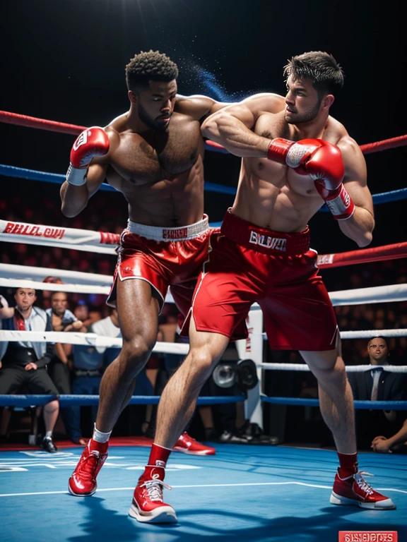8K,(8K分辨率),Boxing ring match scene,Two muscular black men, (One person wearing red shorts、Red boxing gloves、redfootwear),(One person wearing blue shortlue boxing glovelue shoes,,Everyone on the red side is fully dressed,Fierce fighting,Red punches Blue on the head,Blue's punch is painful,The two of them are very domineering,cool guy,sexy for, Bright and attractive eyes,malancholic look,Dark skin, Smooth and shiny,chest muscle,chest hair body hair,Big breastarechested,茂密的chest hair body hair, White color full body photo,Large bumps visible,Good quality,profesional lighting,professional photoshooting,real photograph,realistic model,photorealistic art
