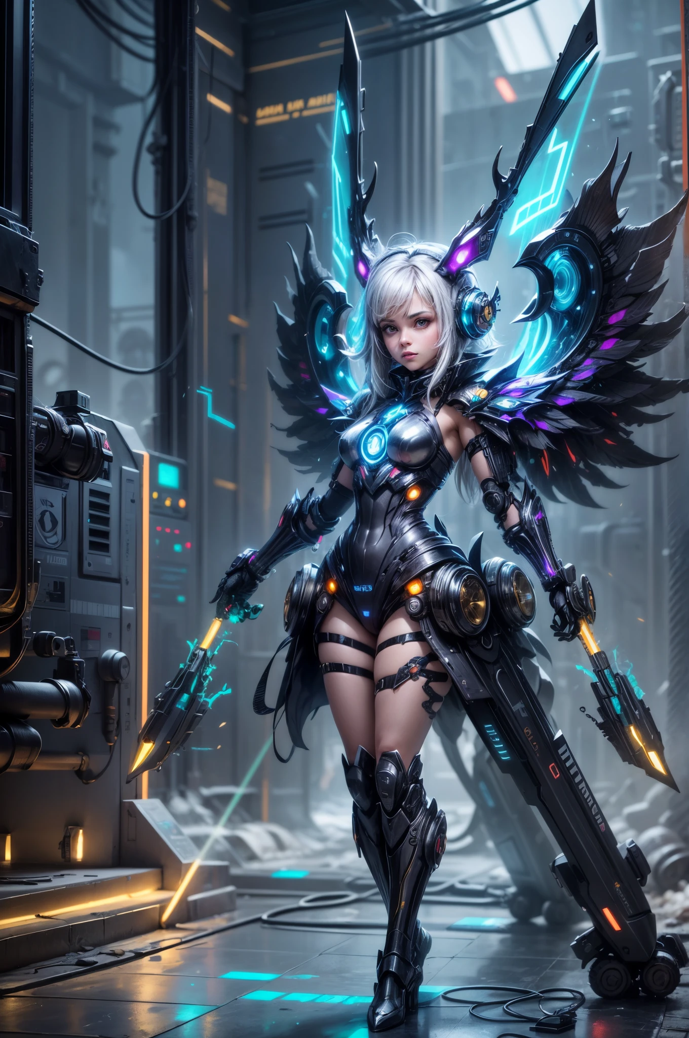 (best quality,4k,8k,A high resolution,master part:1.2),ultra-detalhado), (Futuristic robot girl: 1.2), corpo inteiroesbian, neon colorido,High-tech mechanical parts,Ponteiros e asas de metal,Metal heads and pecks,Metal penalties,Extremamente legal,pernas de metal,olho bionico,Design detalhado de penas,bico afiado,paira no ar,Electric white and vivid orange,Vivid bright eyes,reflective metal surface,ambiente sombrio,dynamic pose,imposing presence,Technological progress,Interlocking mechanical gears,Dynamic and elegant design,efeito de desfoque de movimento,Artesanato meticuloso,atmosfera sci-fi,Streamlined aerodynamic shape,Laser Scan Pattern,holographic projections,Linhas de circuitos emissores de luz,assombrosamente bela,Supernatural Precision,Advanced sensors,algoritmos complexos,atmosfera sinistra e misteriosa,electric sparks,Chapeamento cromado brilhante,futuristic propulsion