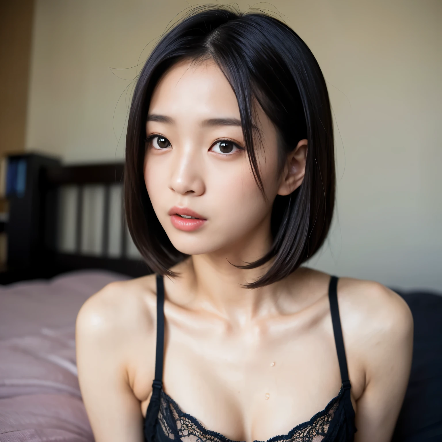 ((Best-quality, Masterpiece, Ultra-High-Resolution, (Photorealistic:1.4), Raw-Photo, Extremely-Details, Perfect-Anatomy)), 1girl, lesbian, -yeld, thost popular Japanese actress, wearing only underwear-with-sexy-design, on bed, portrait, face focus, ((feeling amazingly sexual aroused):1.8), extremely beautiful face like a most famous Japanese actress, extremely beautiful big-black-solid-circle-eyes, extremely beautiful black-short-cut-hairedhair, extremely beautiful lips, extremely beautiful long-eyelashes, extremely beautiful skinny-body, extremely beautiful and extremely realistic skins, detailed underwear-with-sexy-design