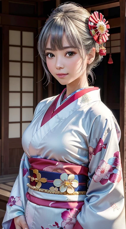 1girl,Panorama,cowboy shot,standing,Wide shot,looking at viewer,Wearing an ornament on the head,Japan Traditional Hair Set,(kanzashi,Colorful kimono,Cherry-colored Kimono,Kimono with gorgeous and elegant designs,highest grade obi,Kimono of Kyo Yuzen,Kimono dyed by Kyotomo,Furisode,Floral pattern in Japanese style:1.5),January,There&#39;s a little snow left,Best Quality,4K,8K,hight resolution,masutepiece:1.2,Realistic,tre anatomically correct,Use natural light and color,Ultra-realistic capture, Highly detailed,人間の皮膚のhight resolution16kクローズアップ,Skin texture must be natural, Detailed enough to finely identify pores. Skin should look healthy,fine-grained white skin,medium breasts,Sharp Focus,In a uniform tone,Ultra-detailed,extremely detailed eye and face,Beautiful detailed eyes,Beautiful detailed lips,long eyelashes,Photorealistic:1.37,japanes,beautiful and magnificent composition,masutepiece,Attractive,Cute,silky smooth hair,light smile,with round face,(Silver hair color)