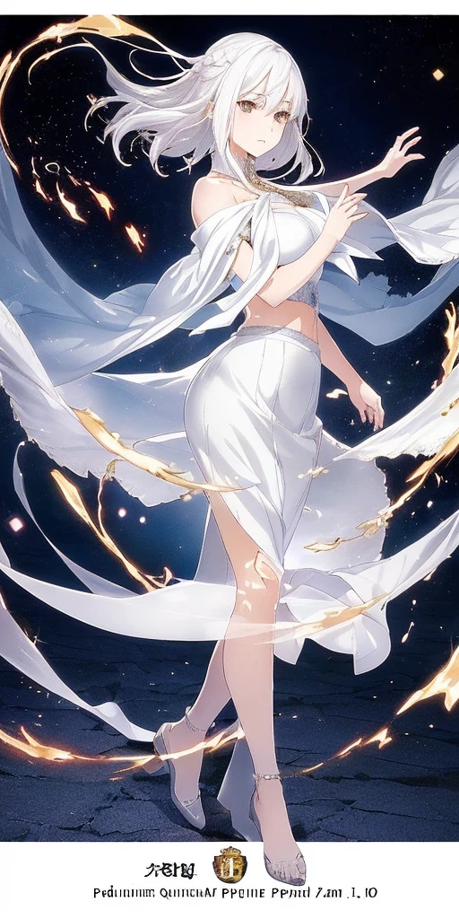 ((((Official Art + Premium Quality): 1.3), full-body close-up, create an elegant atmosphere), white short skirt, white hair shawl, graceful flowing, elegant movements, sad and indifferent expression, floating in the air, (1girl), slim figure)