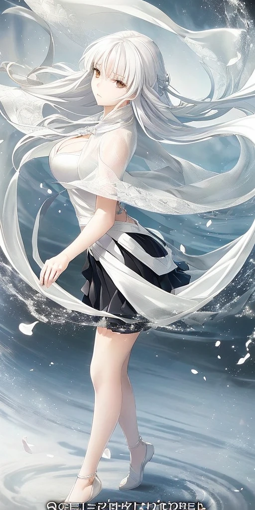 ((((Official Art + Premium Quality): 1.3), full-body close-up, create an elegant atmosphere), white short skirt, white hair shawl, graceful flowing, elegant movements, sad and indifferent expression, floating in the air, (1girl), slim figure)