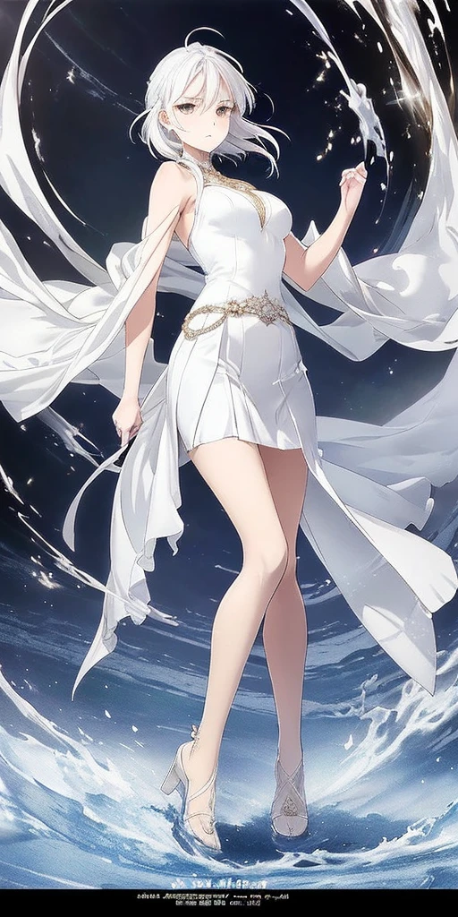 ((((Official Art + Premium Quality): 1.3), full-body close-up, create an elegant atmosphere), white short skirt, white hair shawl, graceful flowing, elegant movements, sad and indifferent expression, floating in the air, (1girl), slim figure)