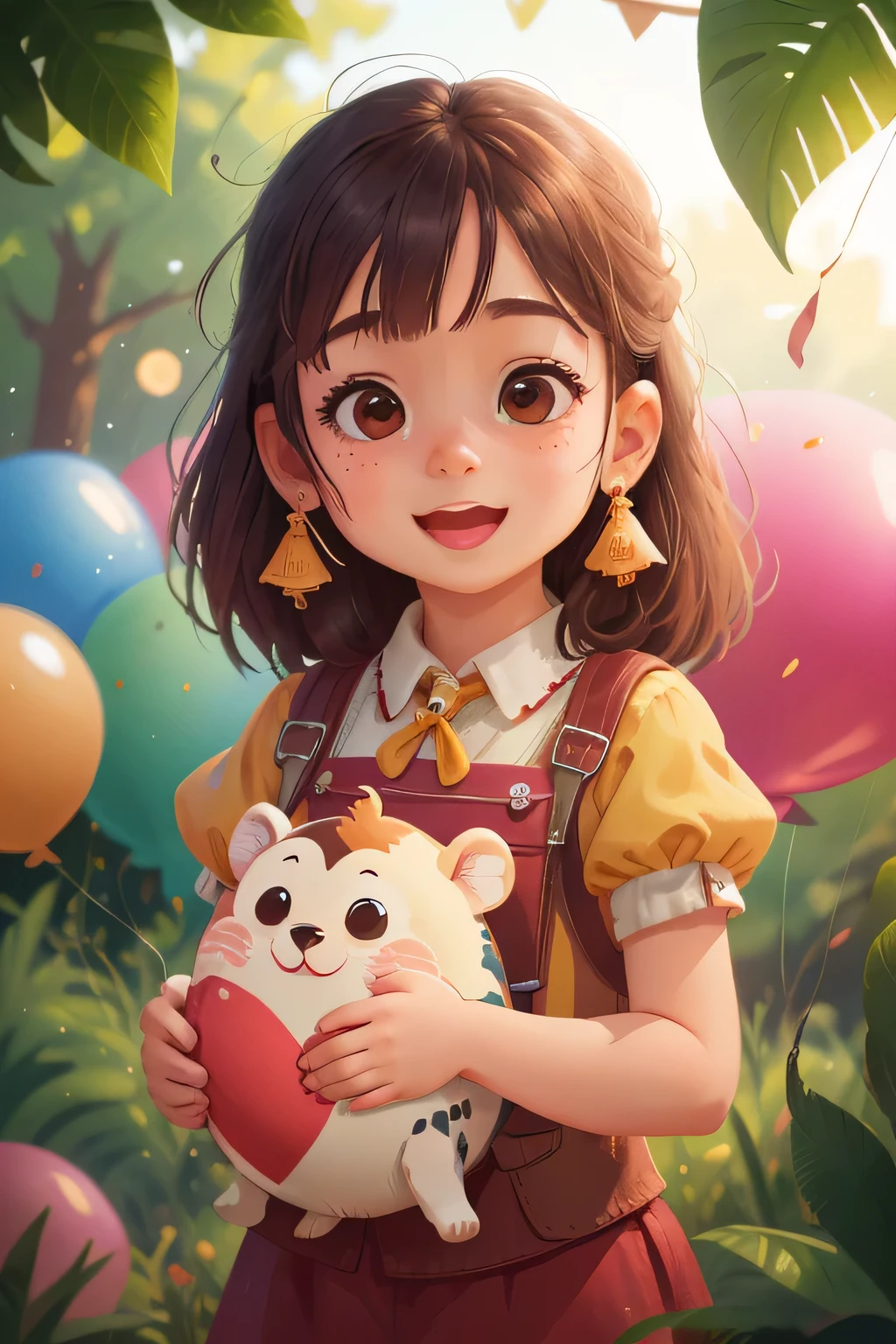 A girl, zoo, many balloons, happy, happy, beautiful smile, perfect quality, clear focus (clutter - house: 0.8), (masterpiece: 1.2) (realistic: 1.2) (bokeh) (best quality) (detailed skin: 1.3) (intricate details) (8K) (detail eyes) (sharp focus), (happy)