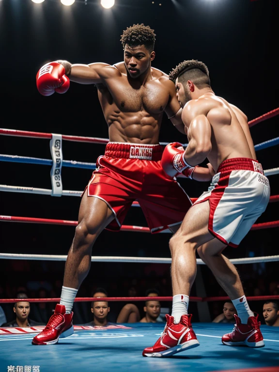 8K,(8K分辨率),Boxing ring match scene,Two muscular black men, (One person wearing red shorts、Red boxing gloves、redfootwear),(One person wearing blue shortlue boxing glovelue shoes),Everyone on the red side is fully dressed,Fierce fighting,Red punches Blue on the head,Blue's punch is painful,The two of them are very domineering,cool guy,sexy for, Bright and attractive eyes,malancholic look,Dark skin, Smooth and shiny,chest muscle,chest hair body hair,Big breastarechested,茂密的chest hair body hair, White color full body photo,Large bumps visible,Good quality,profesional lighting,professional photoshooting,real photograph,realistic model,photorealistic art