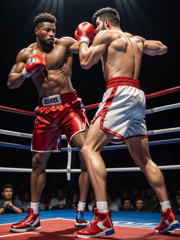 8K,(8K分辨率),Boxing ring match scene,Two muscular black men, (One person wearing red shorts、Red boxing gloves、redfootwear),(One person wearing blue shortlue boxing glovelue shoes),Everyone on the red side is fully dressed,Fierce fighting,Red punches Blue on the head,Blue's punch is painful,The two of them are very domineering,cool guy,sexy for, Bright and attractive eyes,malancholic look,Dark skin, Smooth and shiny,chest muscle,chest hair body hair,Big breastarechested,茂密的chest hair body hair, White color full body photo,Large bumps visible,Good quality,profesional lighting,professional photoshooting,real photograph,realistic model,photorealistic art