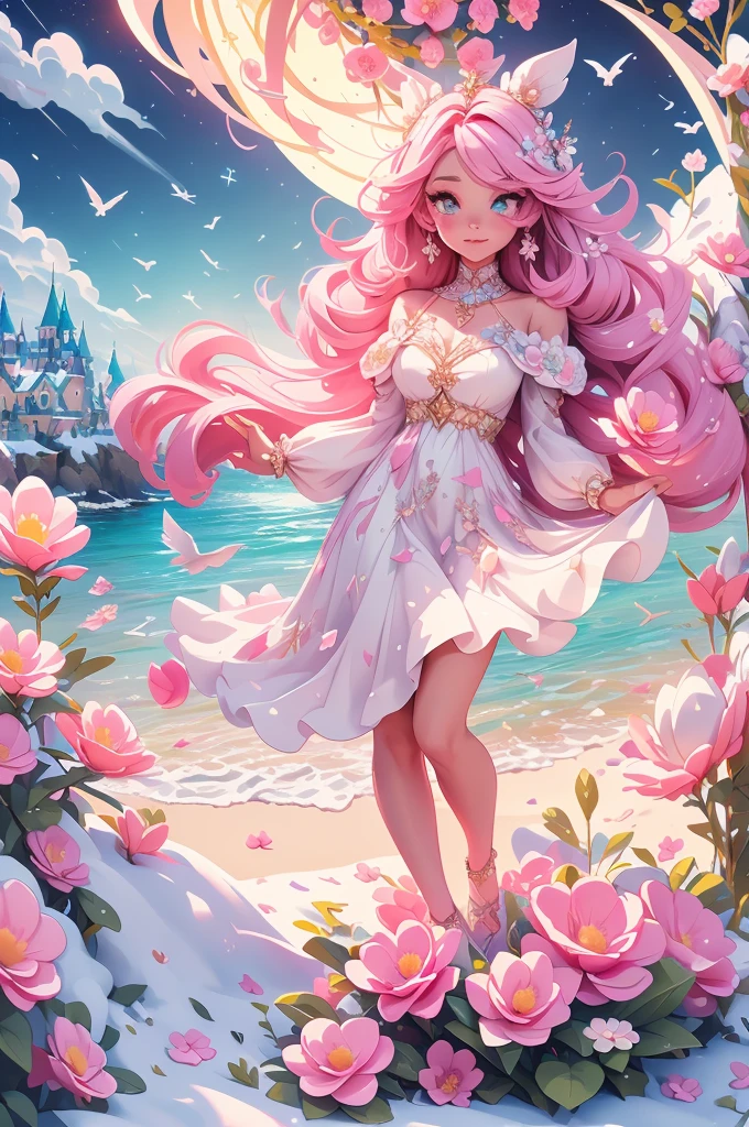 Castle, Flowers, delicate scene, sky, White clouds, and sunlight shine on the snow-white beach. Birds, Pink flowers and bright large shells, diamond crystal, On the beach, fantasy, Night sky, Moon, Smoke, Fire, Photo, HD, 8K, hyper HD, Super detail, High quality, 1080p