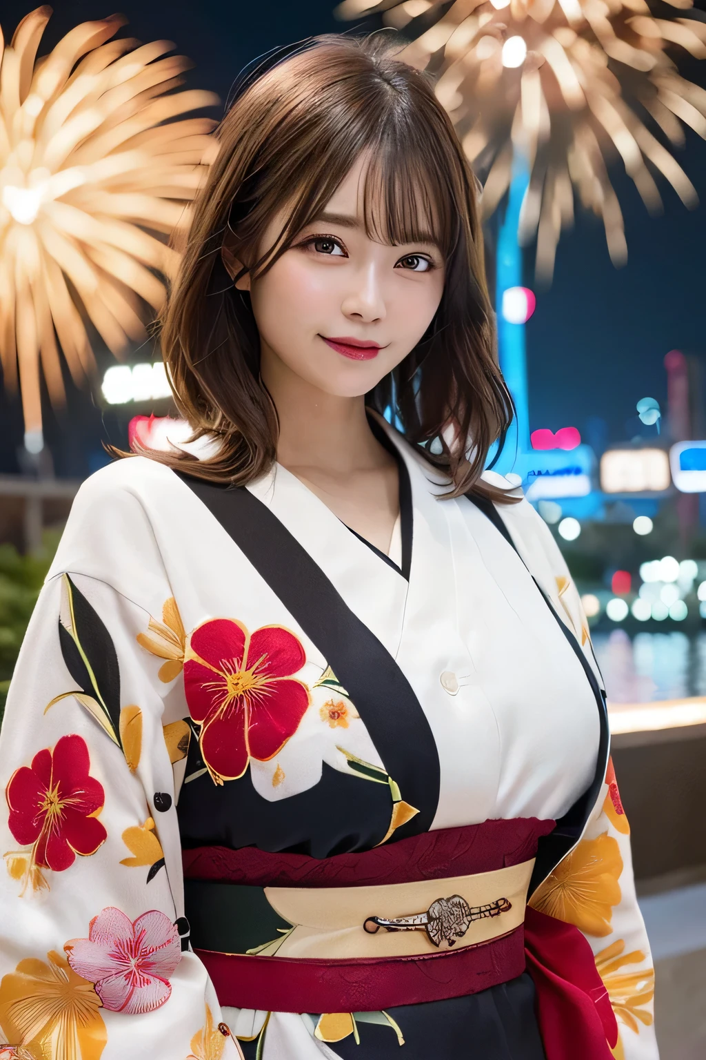 ((top-quality、8k wallpaper:1.3、masterpiece:1.3))、Beautiful Women in Perfect Style:1.4、Slender Abs:1.2、美丽的面容、Delicat eyes、((dark brown hair、bobhair、Colossal tits:1.2))、(reddish、、with floral pattern、Kimono、:1.1)、Fireworks Festival:1.2、Highly detailed facial and skin texture、A detailed eye、二重まぶた、Fireworks Festival、A smile