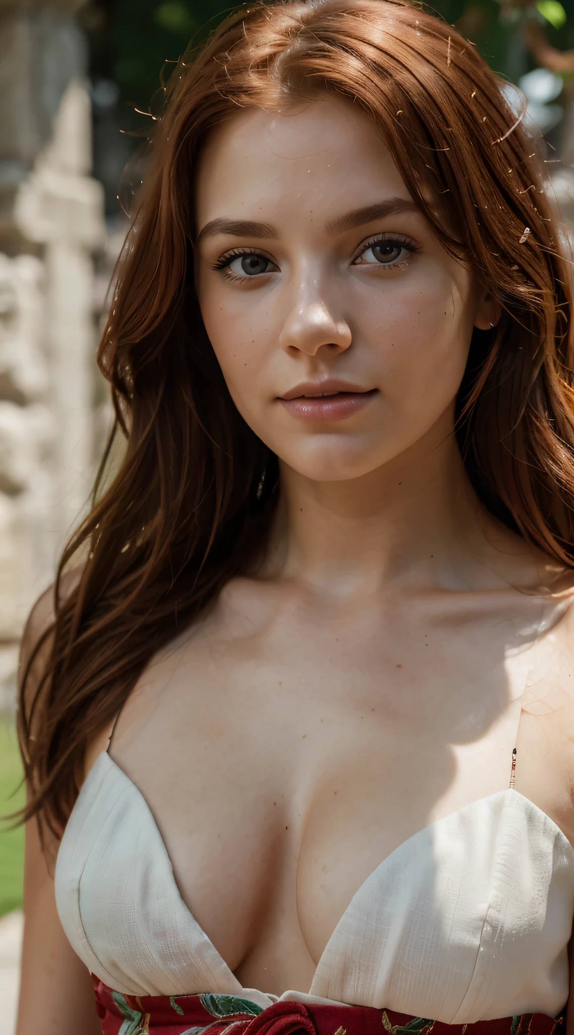 RAW uhd portrait of 24-year-old blonde close-up, Natural red hair, castles, Wavy, (brown-eyed woman) ultra hd, realistic, vivid colors, highly detailed, UHD drawing, perfect composition, beautiful detailed intricate insanely detailed octane render trending on artstation, 8k artistic photography, photorealistic concept art, soft natural volumetric cinematic perfect light, Prehistory, redhead, (Red Summer Dress), (cutout), Detailed (textures!, Hair!, brightness, Color!, imperfections:1.1), High detail of light eyes, (looking at the camera), specular lighting, dslr, ultra quality, sharp-focus, Sharp, Depth of field, Film grain, (centered), Fujifilm XT3, Crystal clear, The center of the frame, cute face, sharp-focus, bokeh, (dimly lit), Low key.