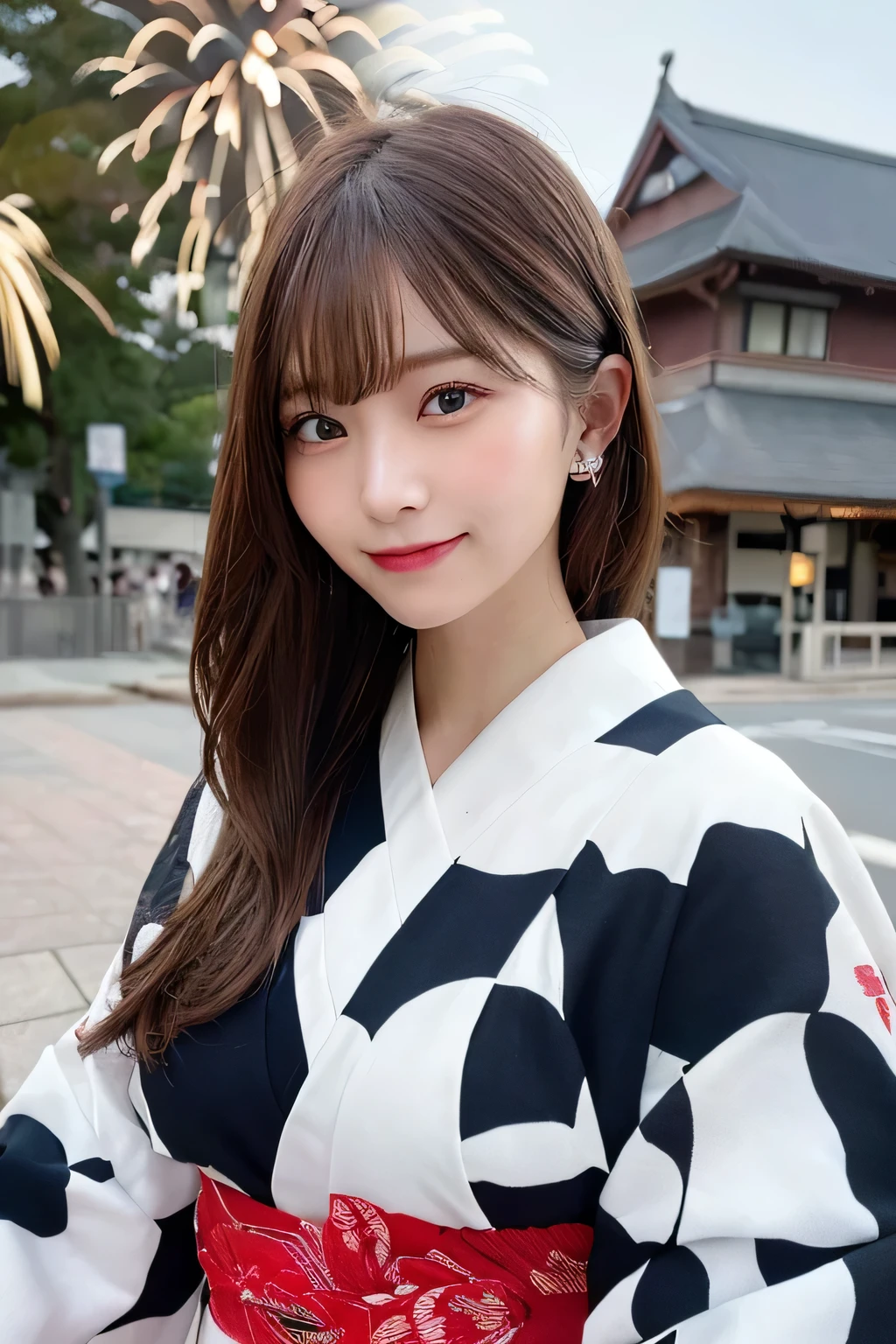 ((top-quality、8k wallpaper:1.3、​masterpiece:1.3))、Beautiful Women in Perfect Style:1.4、Slender Abs:1.2、美丽的面容、Delicat eyes、((dark brown  hair、bobhair、Colossal tits:1.2))、(reddish、、with floral pattern、Kimono、:1.1)、Fireworks Festival:1.2、Highly detailed facial and skin texture、A detailed eye、二重まぶた、Fireworks Festival、A smile