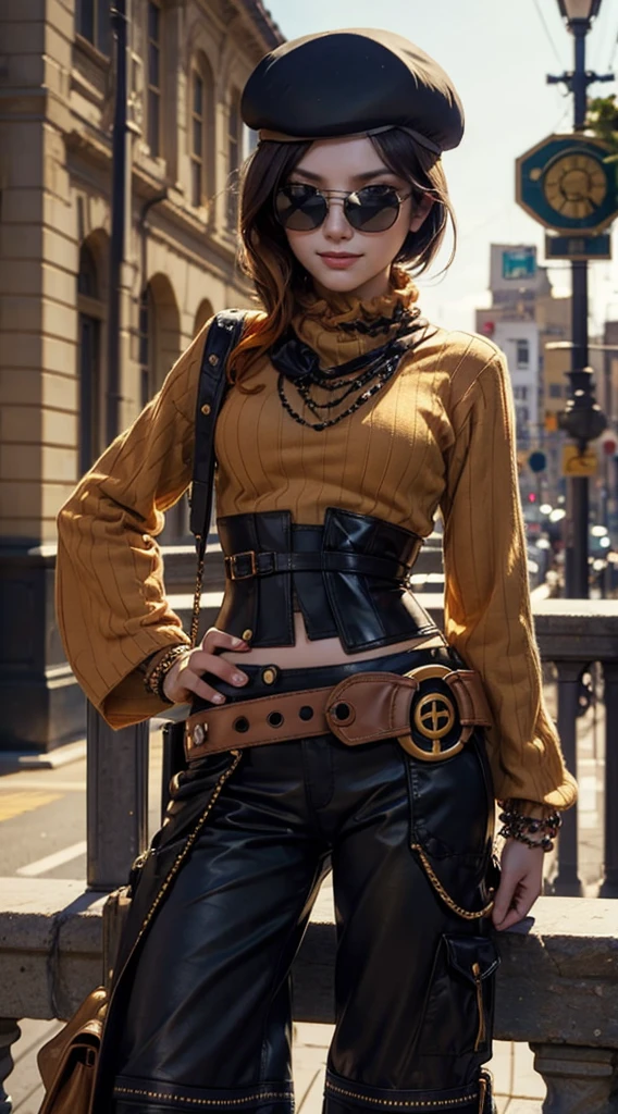 (masterpiece, best quality:1.2), cowboy shot, solo, 1girl, coco adel, grin, looking at viewer, hand on hip, beret, sunglasses, orange sweater, corset, black gloves, pants, jewelry, belt, bandolier