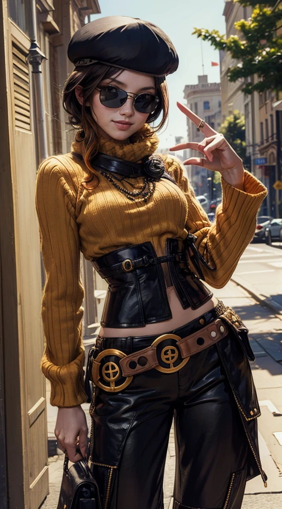 (masterpiece, best quality:1.2), cowboy shot, solo, 1girl, coco adel, grin, looking at viewer, hand on hip, beret, sunglasses, orange sweater, corset, black gloves, pants, jewelry, belt, bandolier