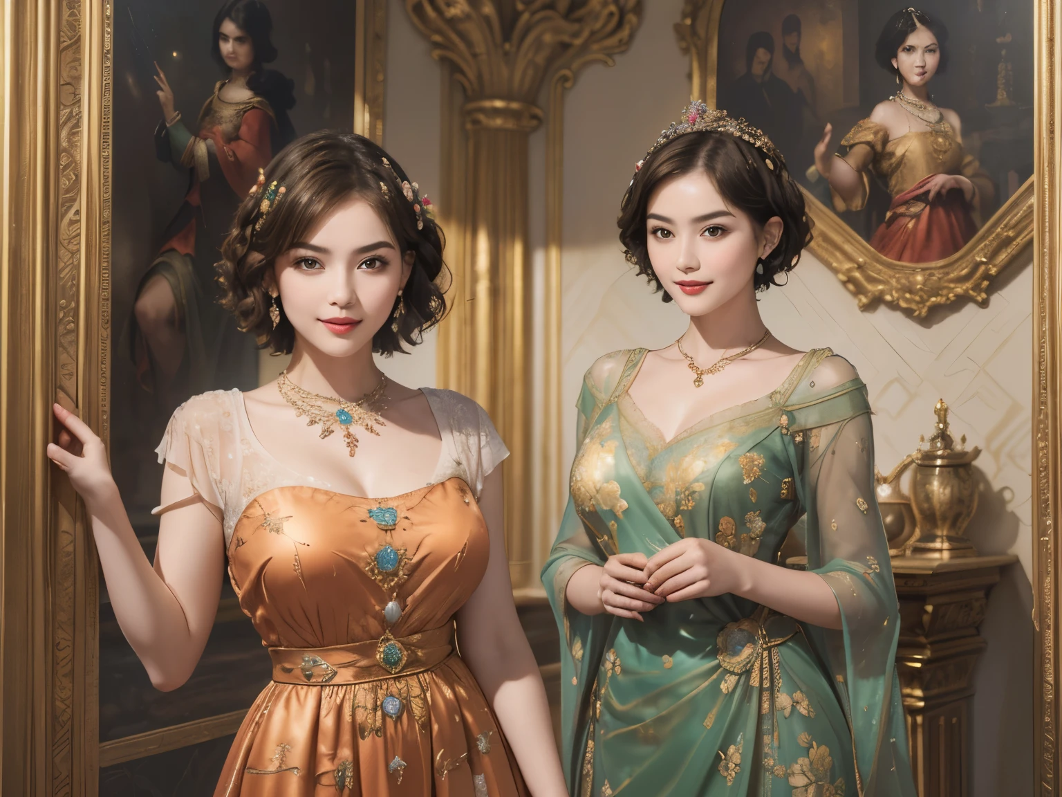 141
(a 20 yo woman,in the palace), (A hyper-realistic), (high-level image quality), ((beautiful hairstyle 46)), ((short-hair:1.46)), (kindly smile), (breasted:1.1), (lipsticks), (is wearing dress), (murky,wide,Luxurious room), (florals), (an oil painting、Rembrandt)