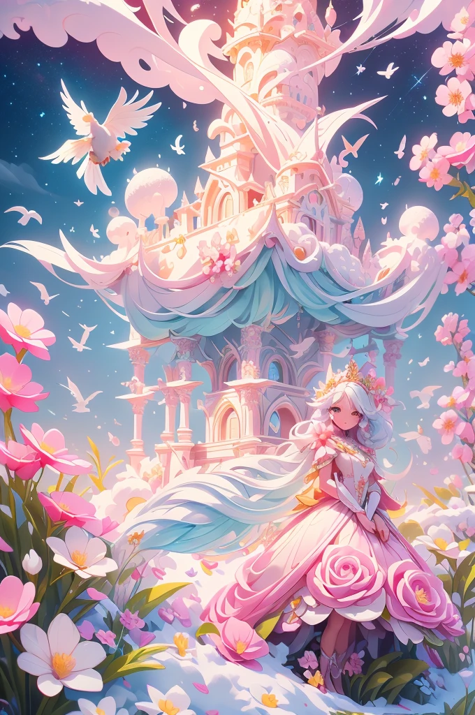 Castle, Flowers, delicate scene, sky, White clouds, and sunlight shine on the snow-white beach. Birds, Pink flowers and bright large shells, diamond crystal, On the beach, fantasy, Night sky, Moon, Smoke, Fire, Photo, HD, 8K, hyper HD, Super detail, High quality, 1080p