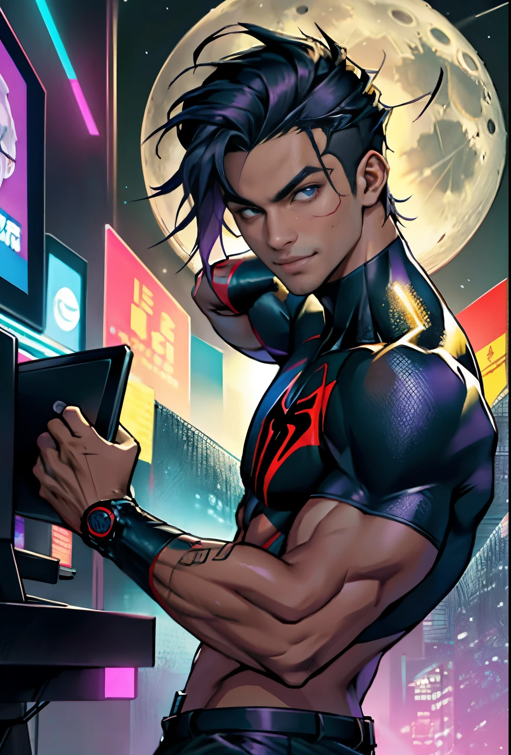 (( de 17 anole castanha escura e cabelo cacheado curto)),Pose de Kung Fu,((Use uma camisa com capuz e traje dospiderman )),((com olho castanho))),looks into the camera,Um rosto cheio,((Cyberpunk Night City ao fundo)),(((The full moon starry sky)),(((cores azuis,Roupas modernas em preto e roxo))),Um sorriso apareceu em seu rosto,sombreado realista,sombra detalhada,Raytraicing realista,luz detalhada,Luz de contorno,Pisif,art stations,hiper-detalhado,