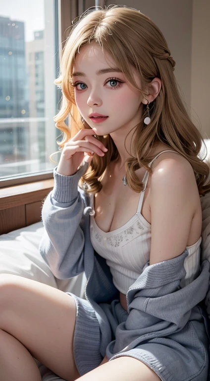 (tmasterpiece, 最好的quality), 1 8 year old girl,Blonde hair,Long gray hair,curlies,Shawl hair,light blue eyes, nature backdrop,A high resolution, quality, 超quality, the ultra-detailed, lighting like a movie、facing at the camera,1 girl,small tit、Not worn, laughing very happily、curlies、hotel bedroom,lie,The face is red,Close-up of the crotch,The whole body is clearly visible,