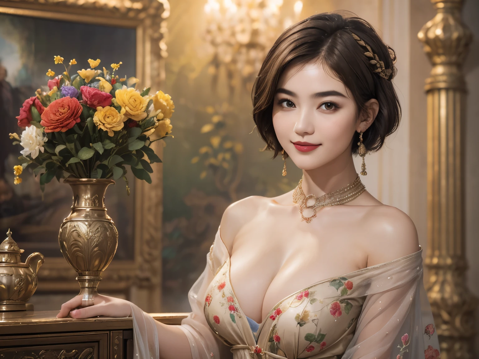 141
(a 20 yo woman,in the palace), (A hyper-realistic), (high-level image quality), ((beautiful hairstyle 46)), ((short-hair:1.46)), (kindly smile), (breasted:1.1), (lipsticks), (is wearing dress), (murky,wide,Luxurious room), (florals), (an oil painting、Rembrandt)