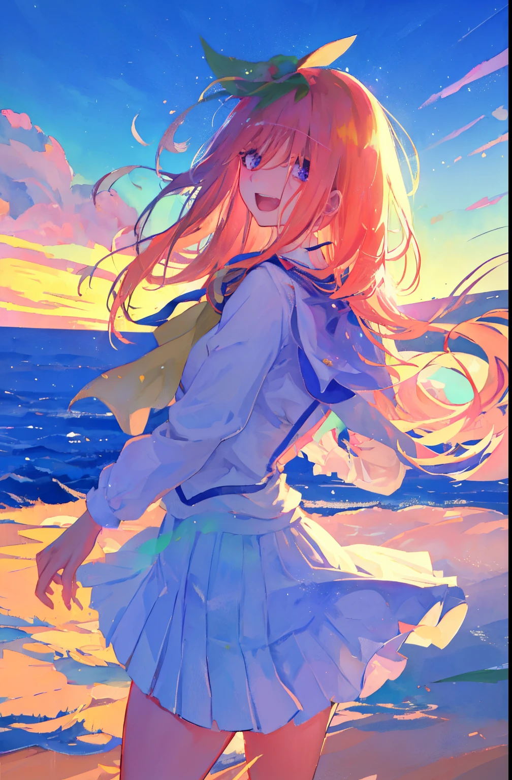 Cute as a dream、a pale, (masterpiece、top-quality、top-quality、watercolor paiting(Curly)、Official art、Beautifully Aesthetic:1.2)、colourfull、Hair spreads throughout、kawaii、pastels、summer, blue sky, white clouds, HD Detail, Ultra Detail, Movie, Soft Light, Deep Focus Bokeh, Ray Tracing, --niji 5. crystal, fantasy, galaxy, transparent, shimmering, sparkling, splendid, colorful, magical photography, dramatic lighting, Heart, iridescent, cute, crystal, love, blushing, sweet expression, blue sky, iridescent clouds, pastels, dark starry sky, (1 girl), (solo), Wallpapers, poster HD, Soft Light, Deep Focus Bokeh, Ray Tracing, --niji 5 Summer, Sketch, Iris: 1.2), simple, sfw, a cute face, laughing, aayotsuba, Nakano Yotsuba from The Quintessential Quintuplets, masterpiece, 4k, ultradetailed, cowboy shot, nakano yotsuba, shoulder length staight hair, sparkling eyes, hair bow ribbon, green bowtie, sleeveless sweater, collared white shirt, pleated skirt, school uniform, laughing happily, neat lineart, cute, tender, lovely, cozy, sweet