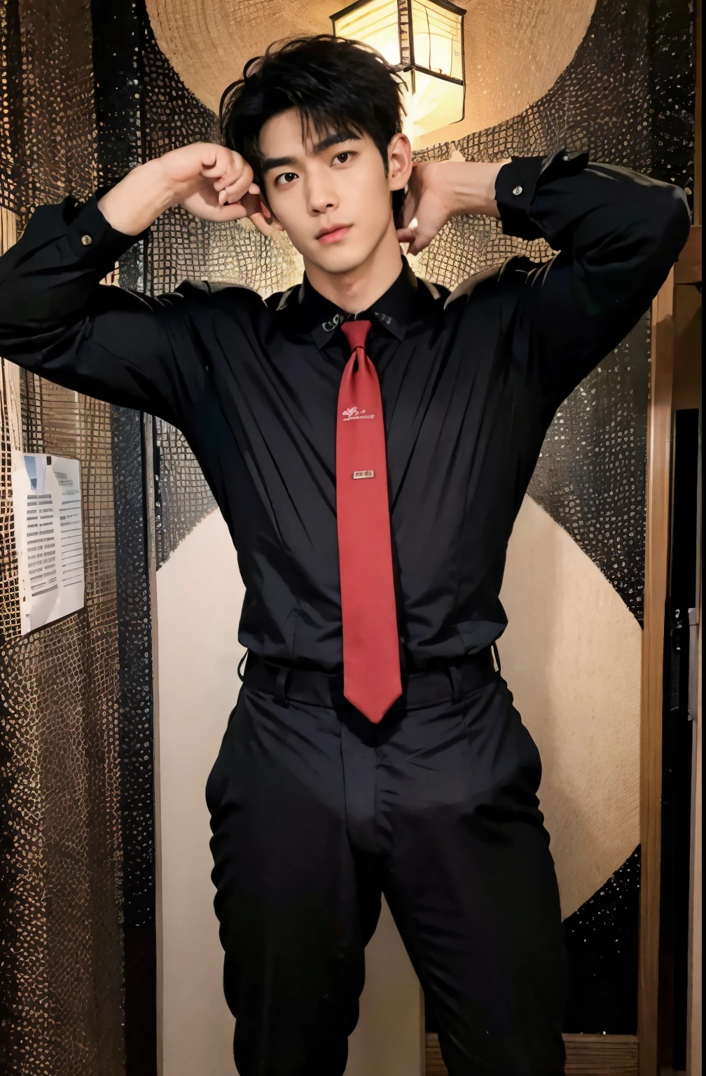 1 handsome Japanese guy,25 age old,Japan diplomat,Wearing a black uniform,Wear red tie,Tall,musculous,Muscles look good,hairy bodies,with fair skin,黑The eye(thin eyes 1:3),Full body photo